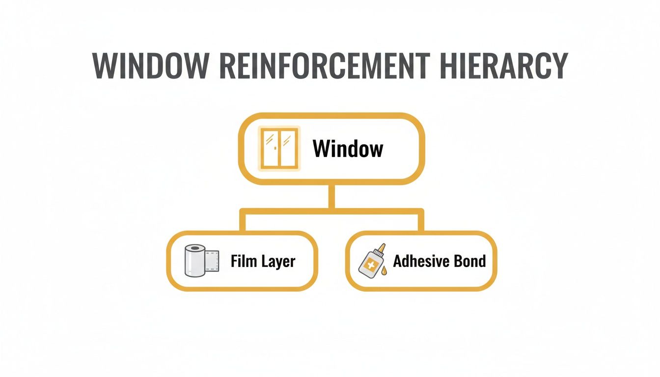 A hierarchy diagram illustrating window reinforcement through a film layer and adhesive bond.