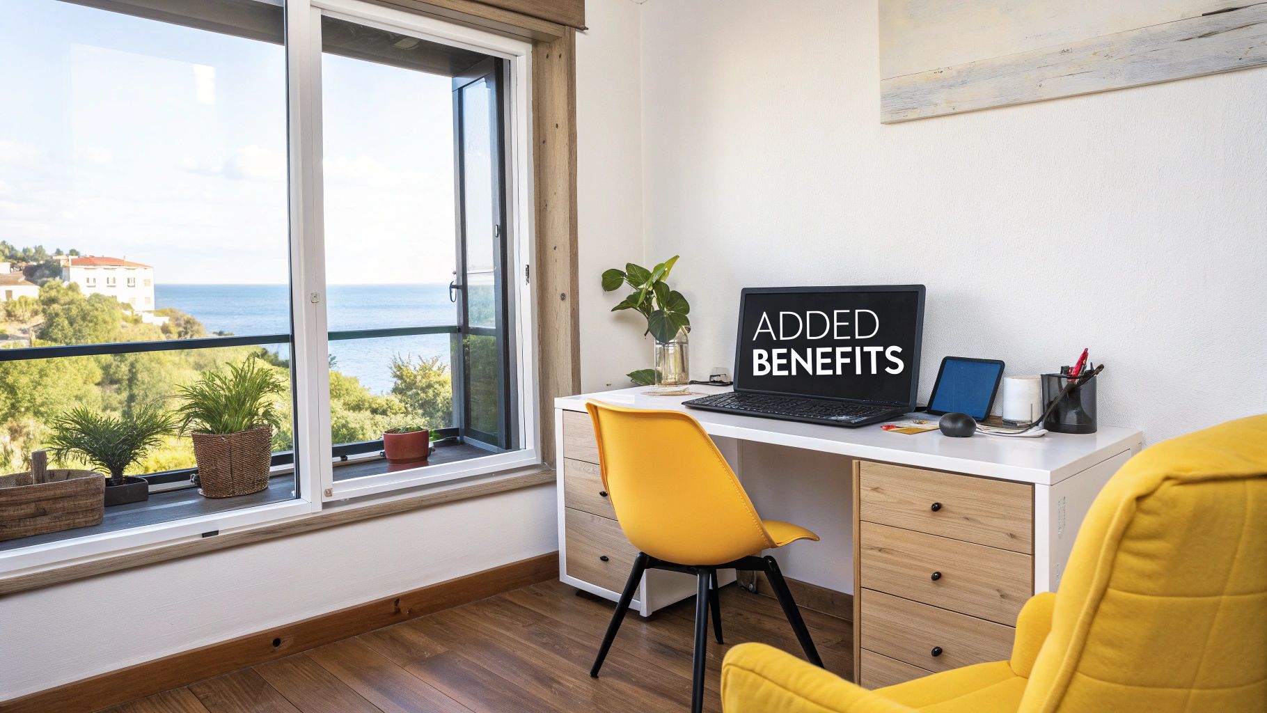 Home office with a laptop displaying 'ADDED BENEFITS', a yellow chair, and a scenic ocean view.