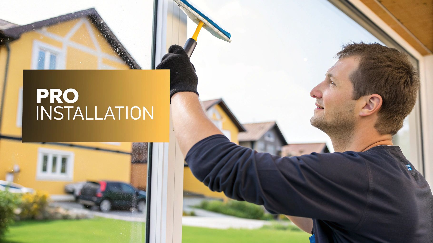 A man in black gloves uses a squeegee to clean a home window, with 'PRO INSTALLATION' text overlay.