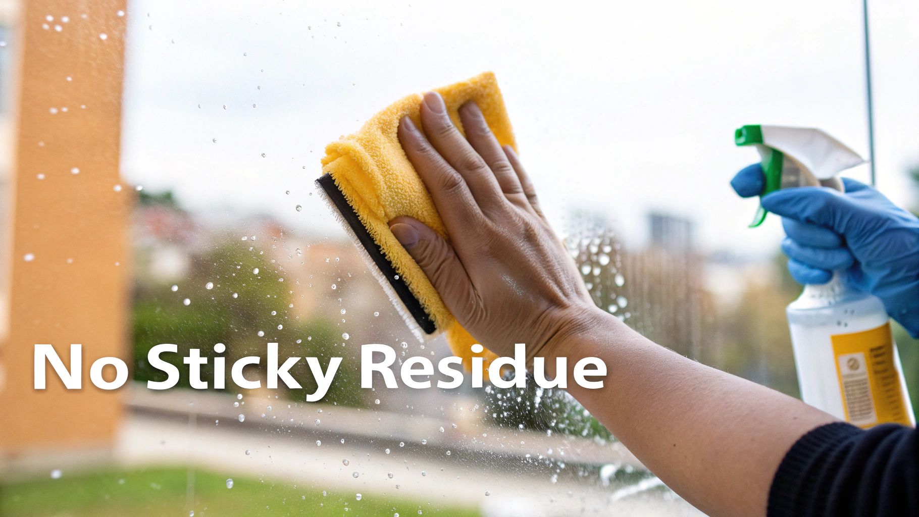 A person wearing blue gloves cleans a window with a yellow scrubber and spray bottle, with text 'No Sticky Residue'.