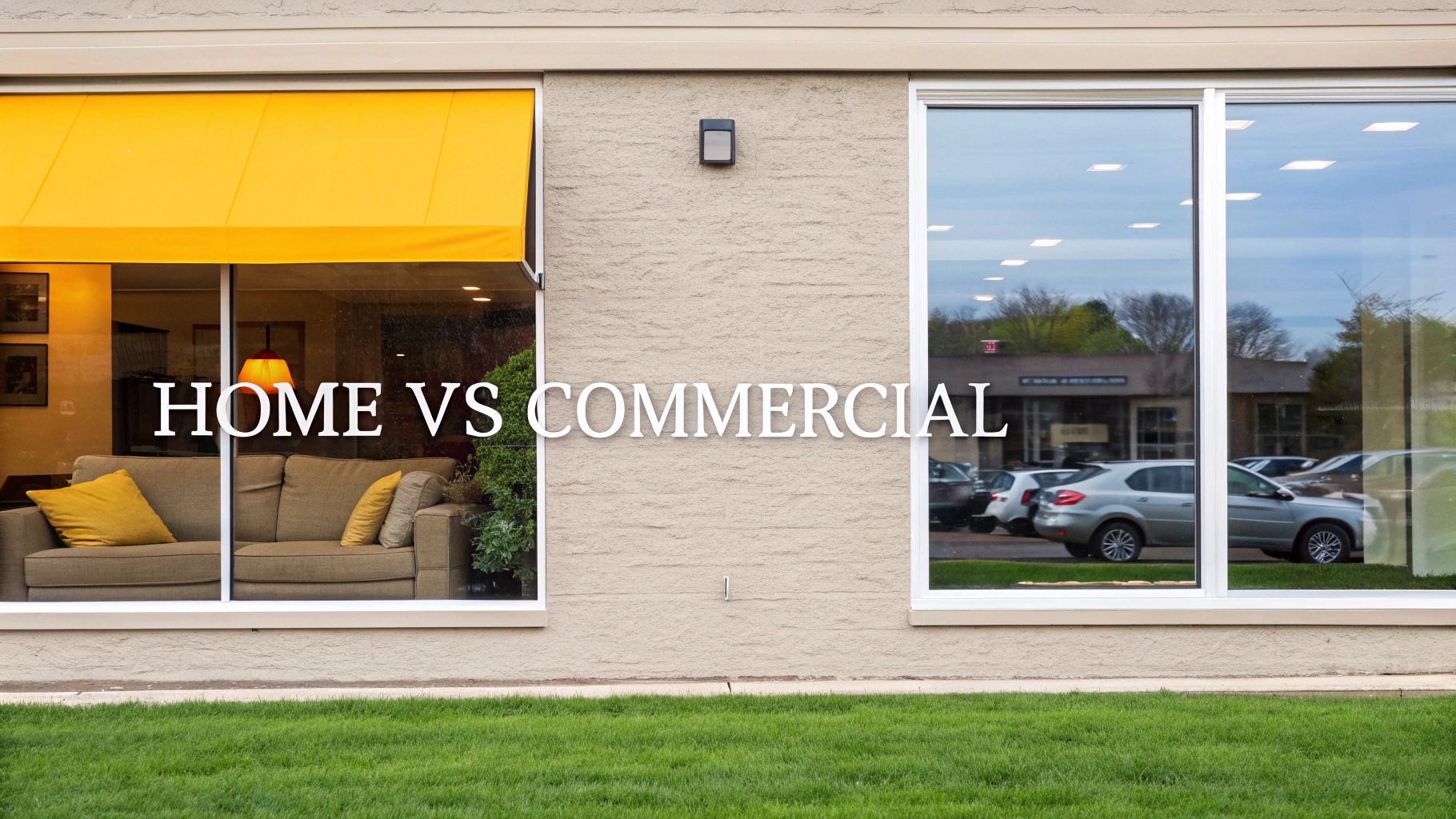 Building facade comparing a cozy home interior with a yellow awning to commercial windows reflecting a parking lot, with text 'HOME VS COMMERCIAL'.