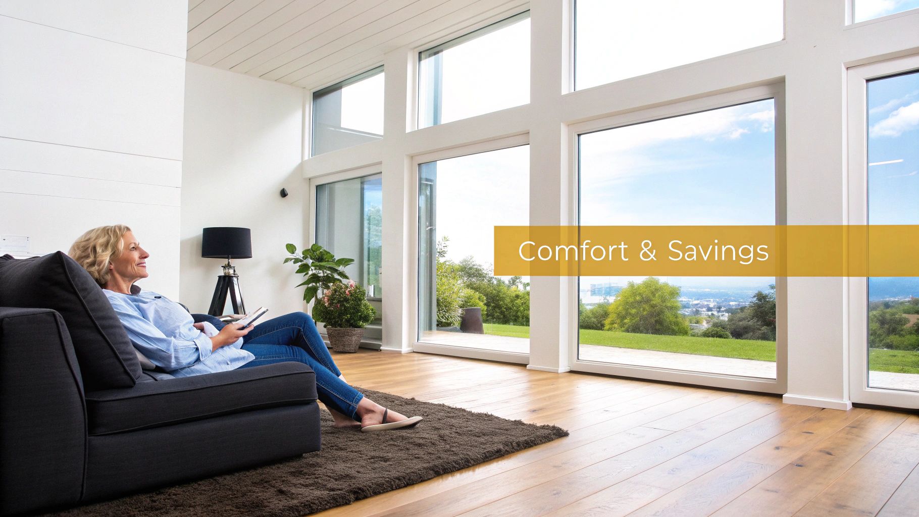 A woman relaxes on a sofa in a modern living room, looking out large windows at a scenic view with a banner reading "Comfort & Savings".