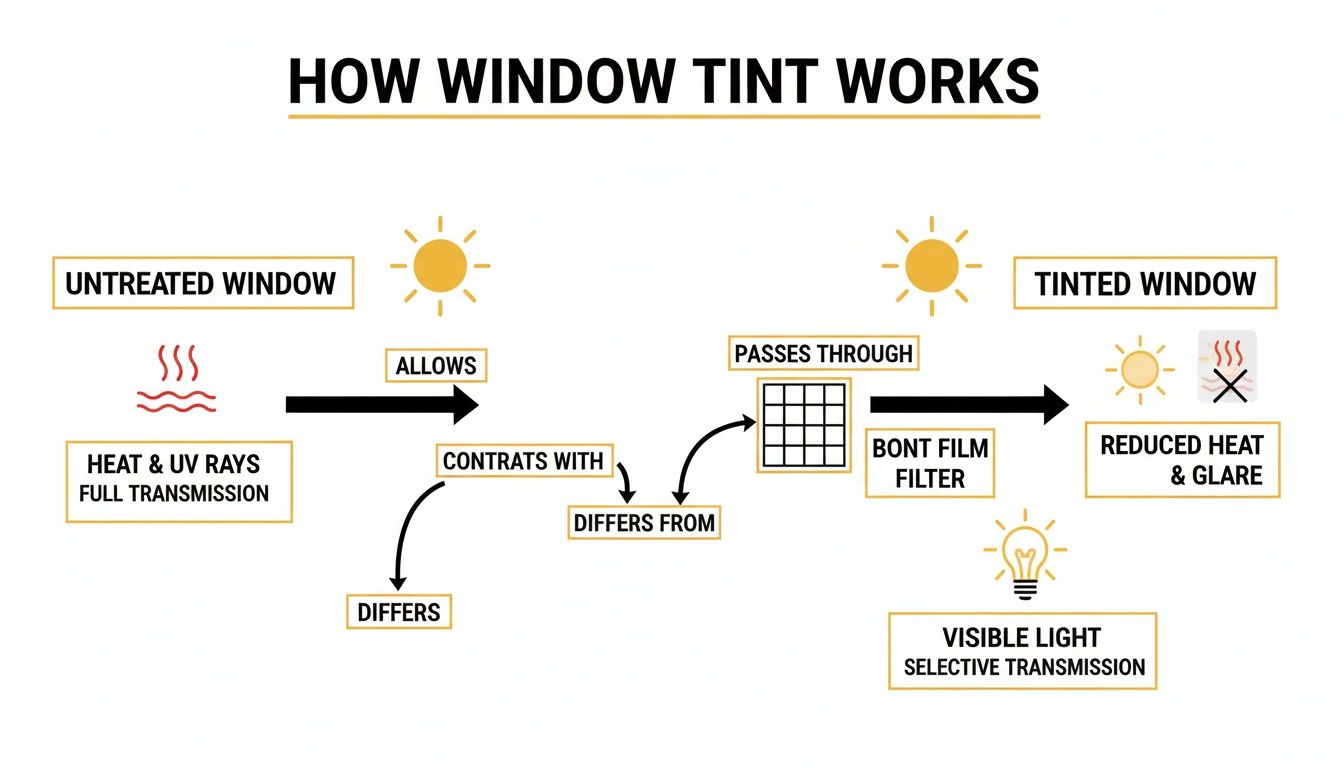 Infographic illustrating how window tint works by reducing heat and glare while allowing selective visible light.