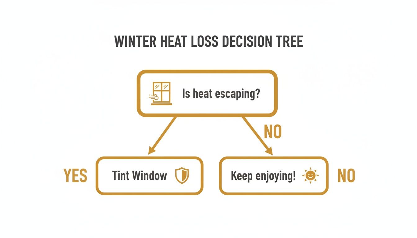A winter heat loss decision tree illustrating whether to tint windows based on heat escaping.