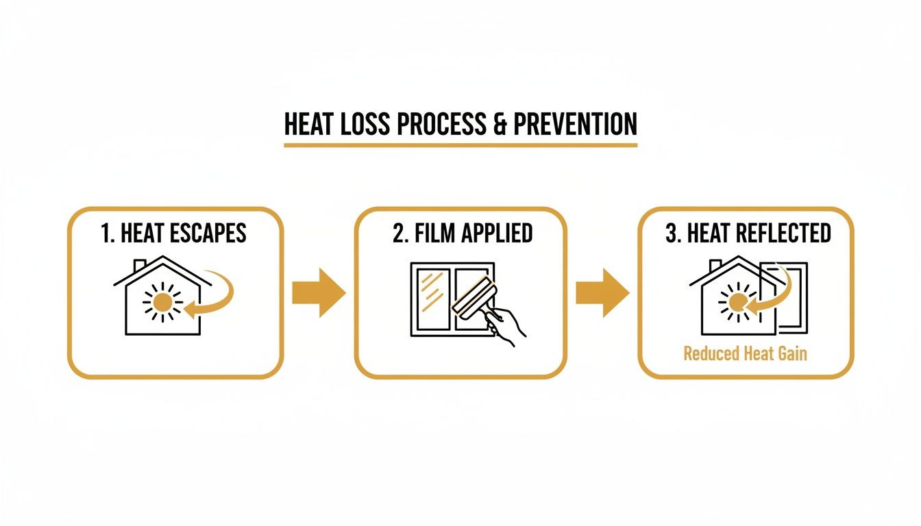 Diagram illustrating how window film prevents heat loss and reflects heat to reduce gain in a house.