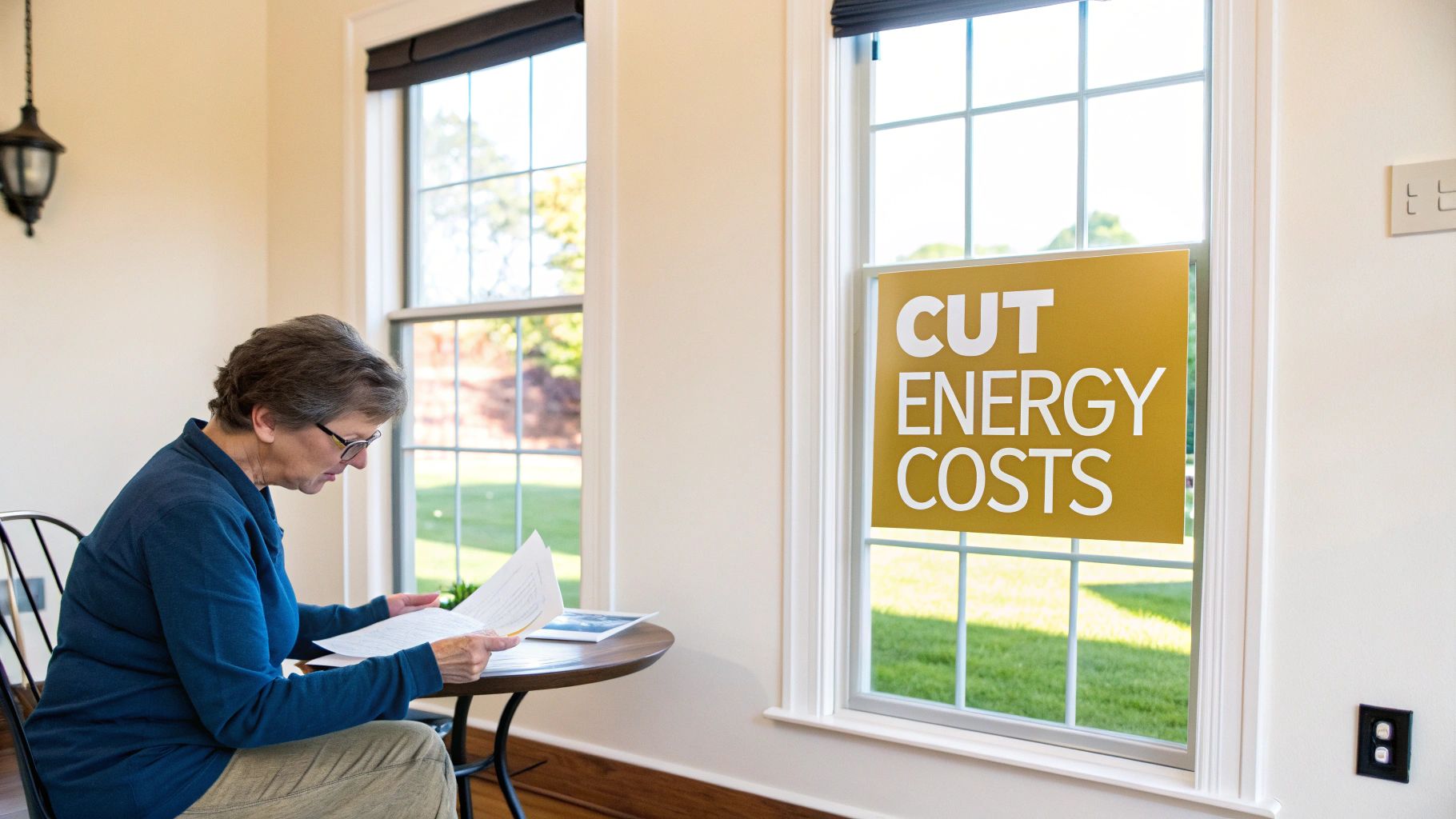 A woman reads papers at a table with a 'CUT ENERGY COSTS' sign on the window.