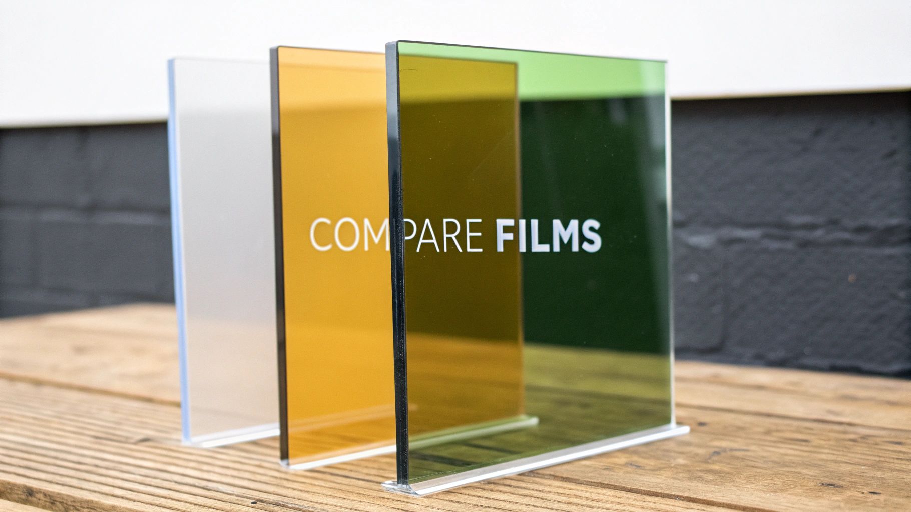 Three colored film samples, including amber with 'COMPARE FILMS', displayed on a wooden table.