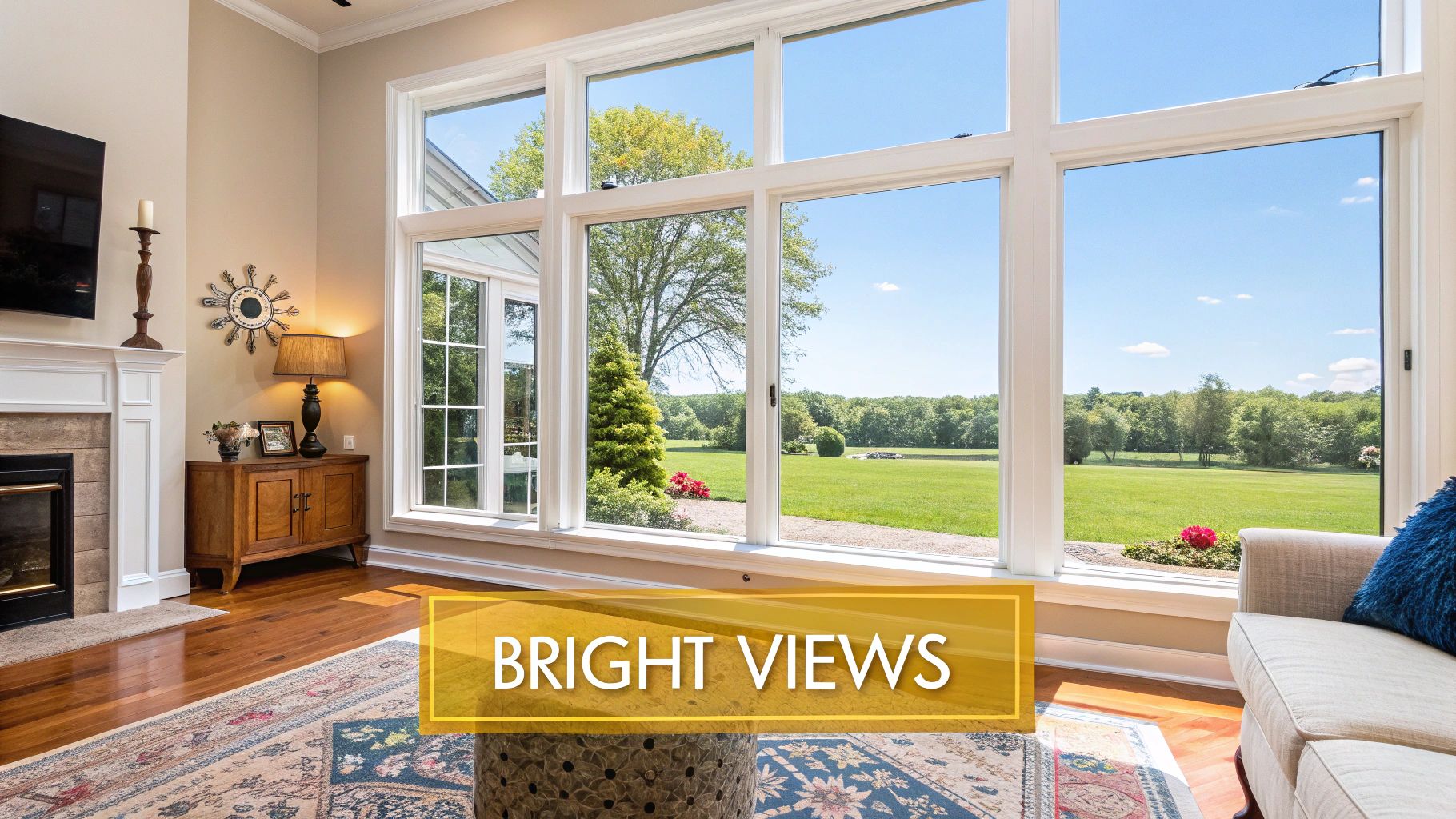 A bright living room featuring a fireplace, elegant decor, and large windows with scenic views of a vast green landscape.