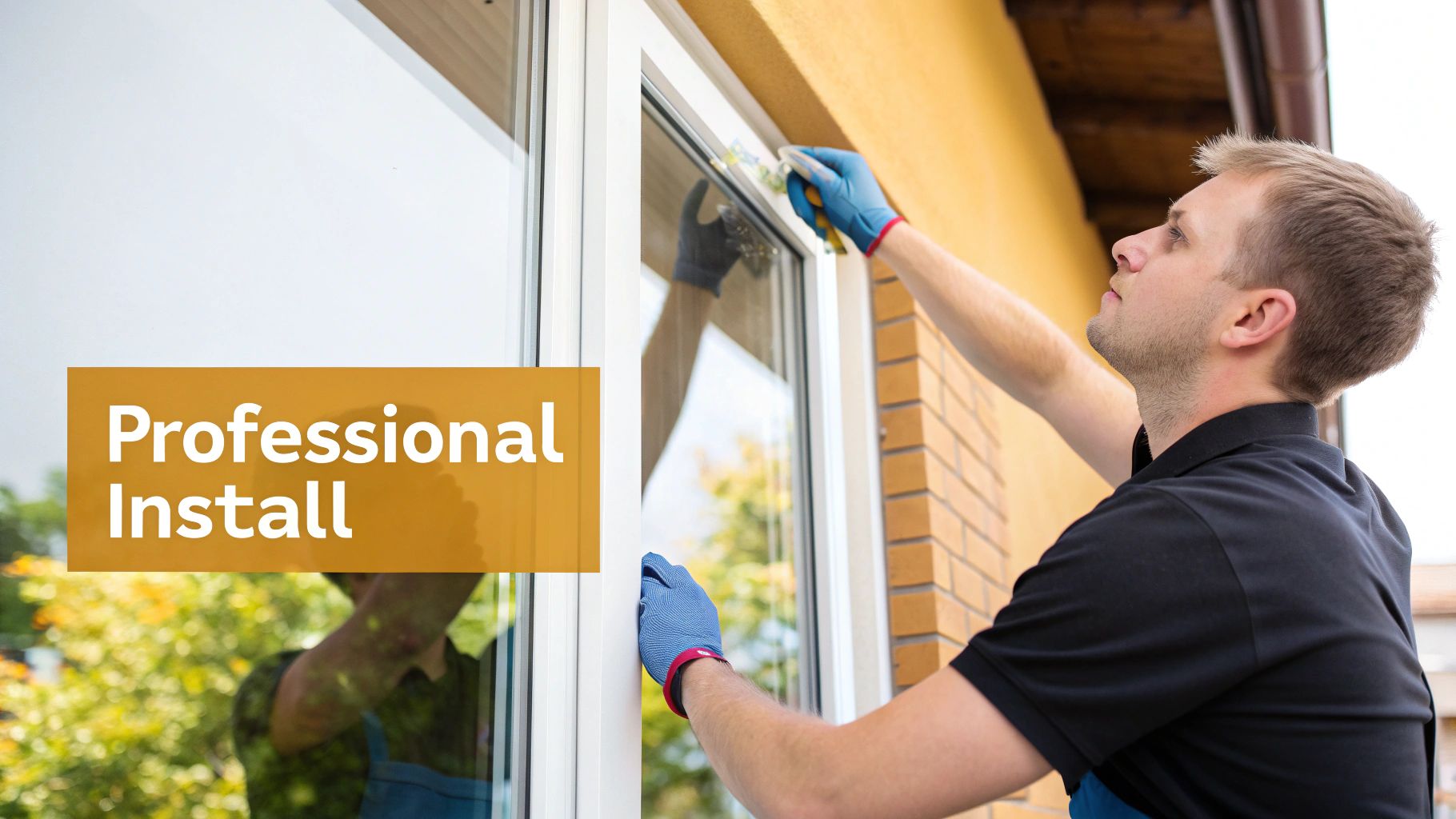 A professional installer in blue gloves carefully seals a white window frame on a house.