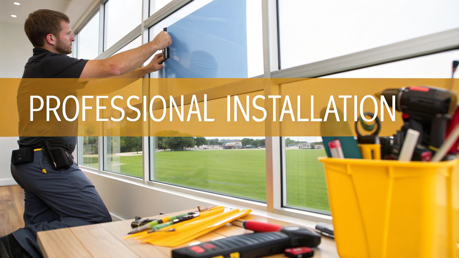 A professional installer carefully applying window film to a large commercial window, ensuring a smooth, bubble-free finish.