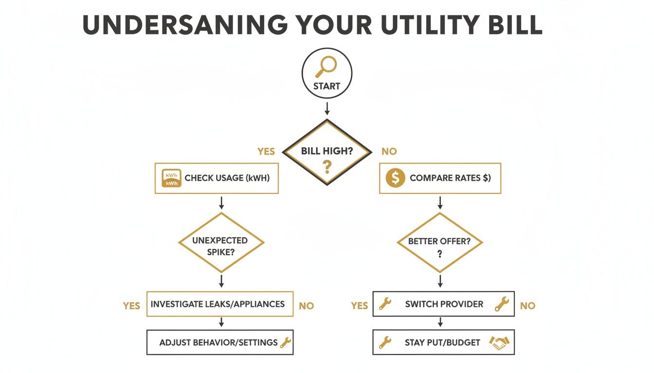 Flowchart for understanding and managing your utility bill, addressing high costs and provider comparison.