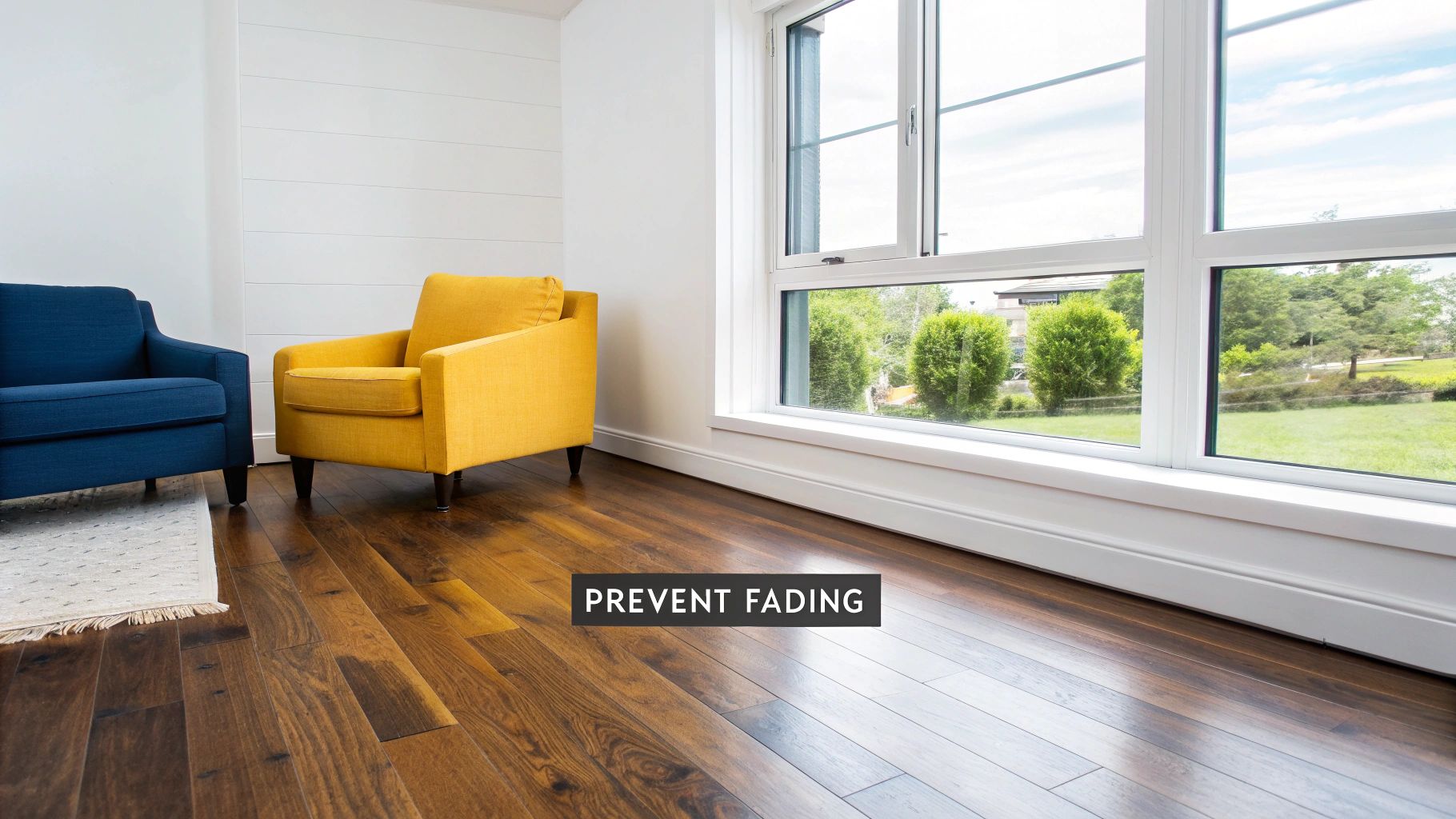 Modern living room with colorful armchairs, dark wood floor, and large window. Text: PREVENT FADING.