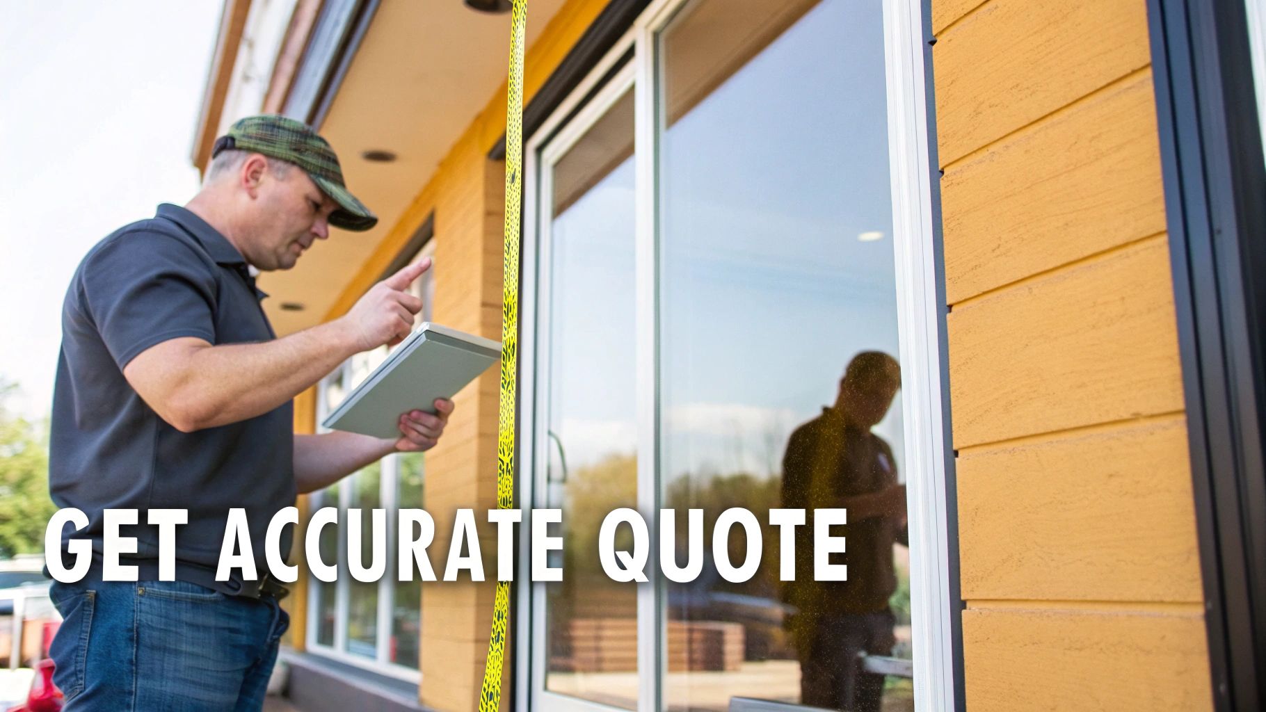 A man in a cap and polo shirt measures a building window with a tablet.