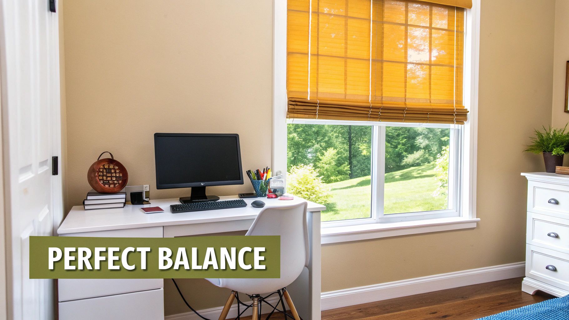 A home office with a white desk, computer, and a large window with yellow blinds overlooking a green landscape.