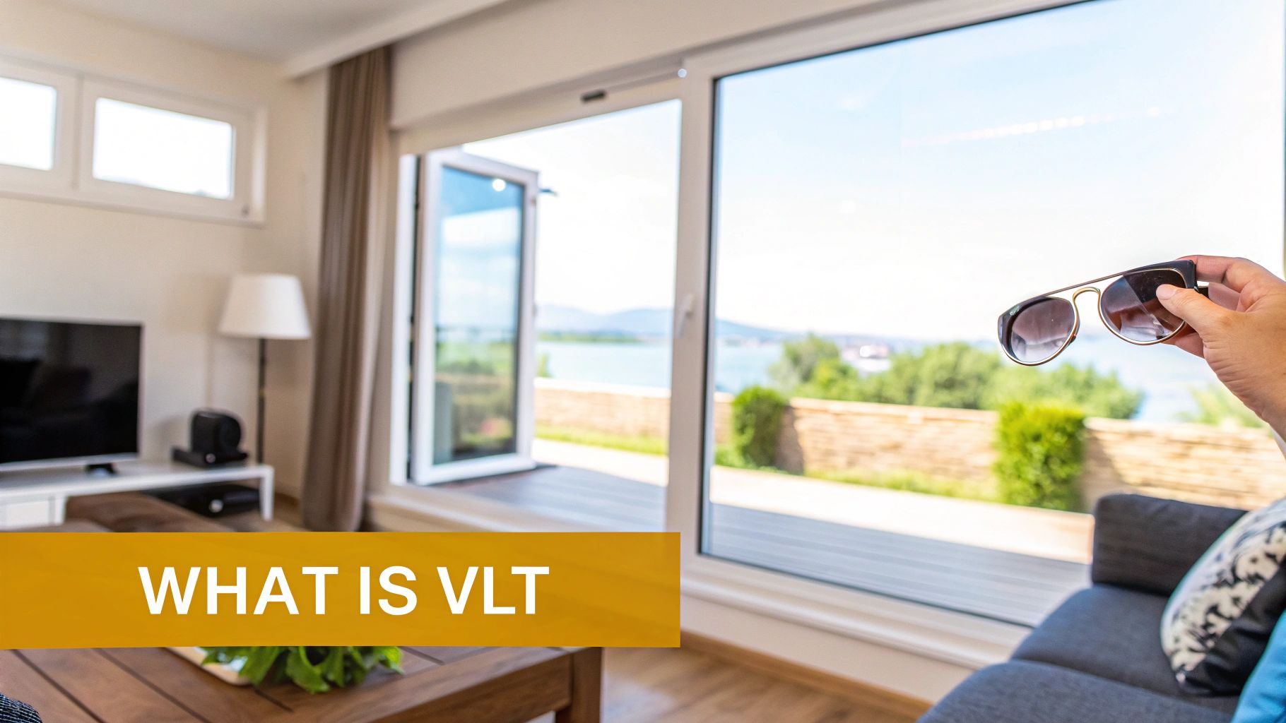 A hand holding sunglasses near a large window, overlooking a serene outdoor landscape, with 'WHAT IS VLT' text.