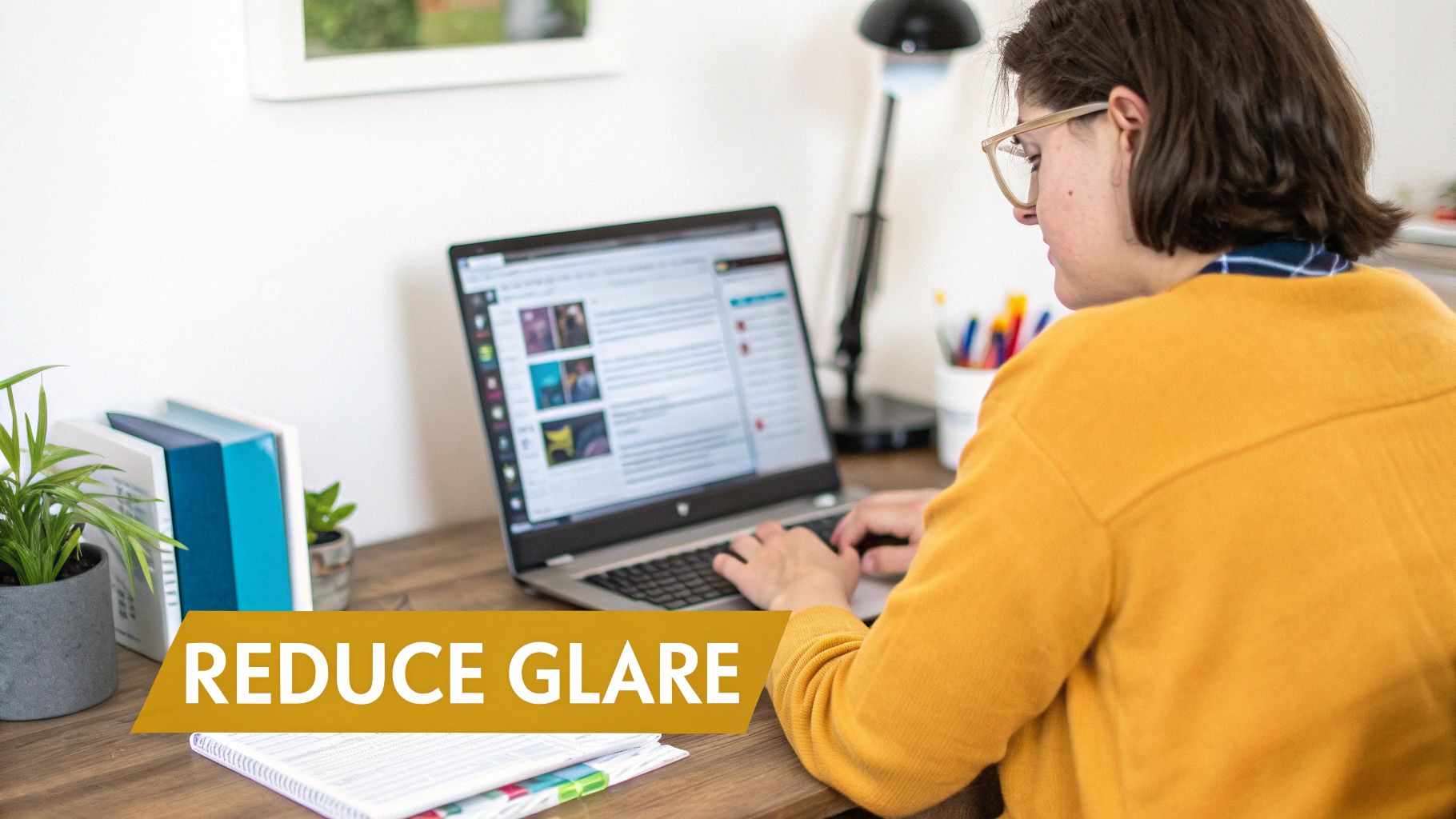 Person in glasses using a laptop at a desk, with text 'REDUCE GLARE' highlighted.