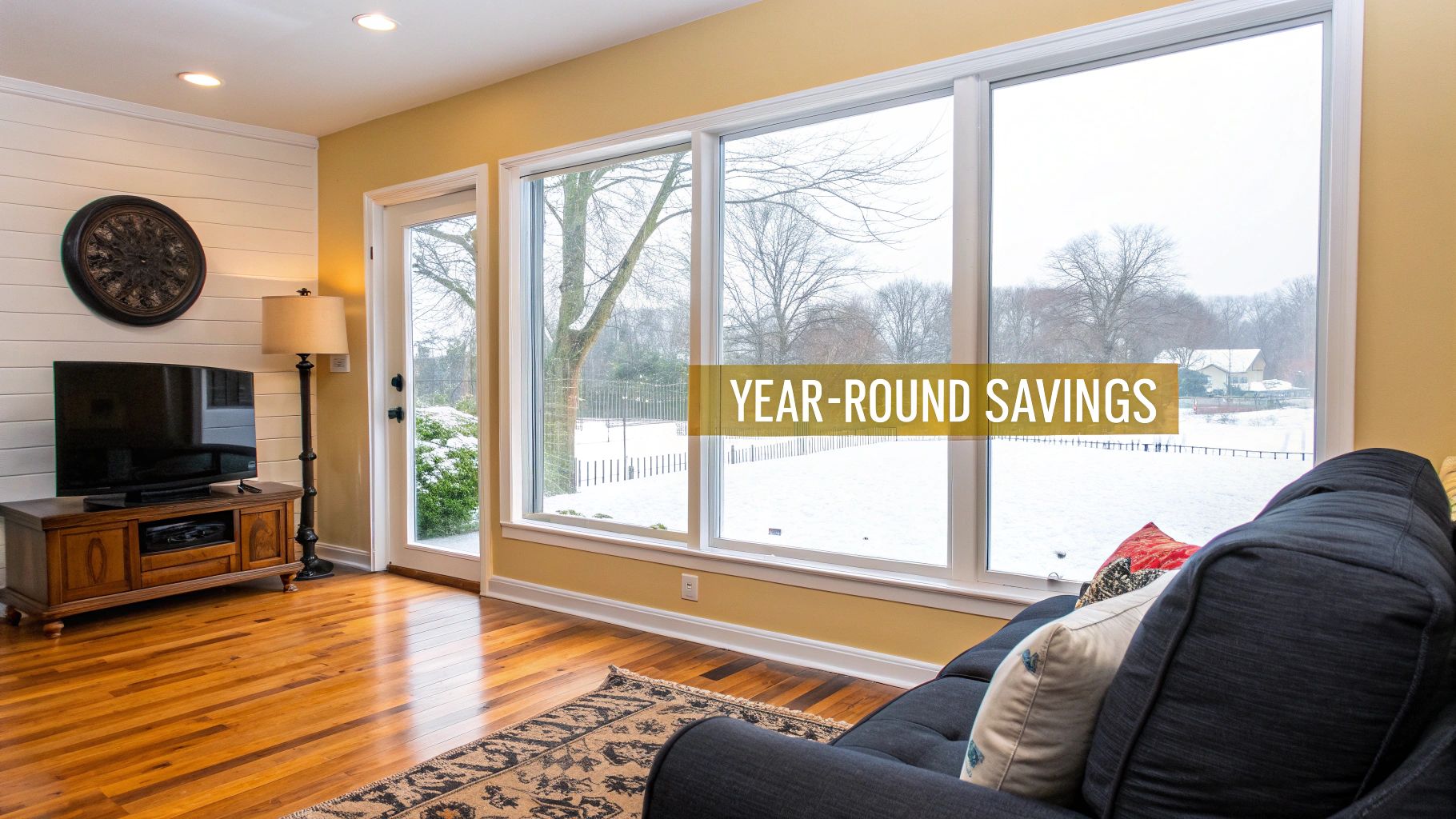 A warm living room with large windows overlooking a snowy landscape, suggesting energy savings.