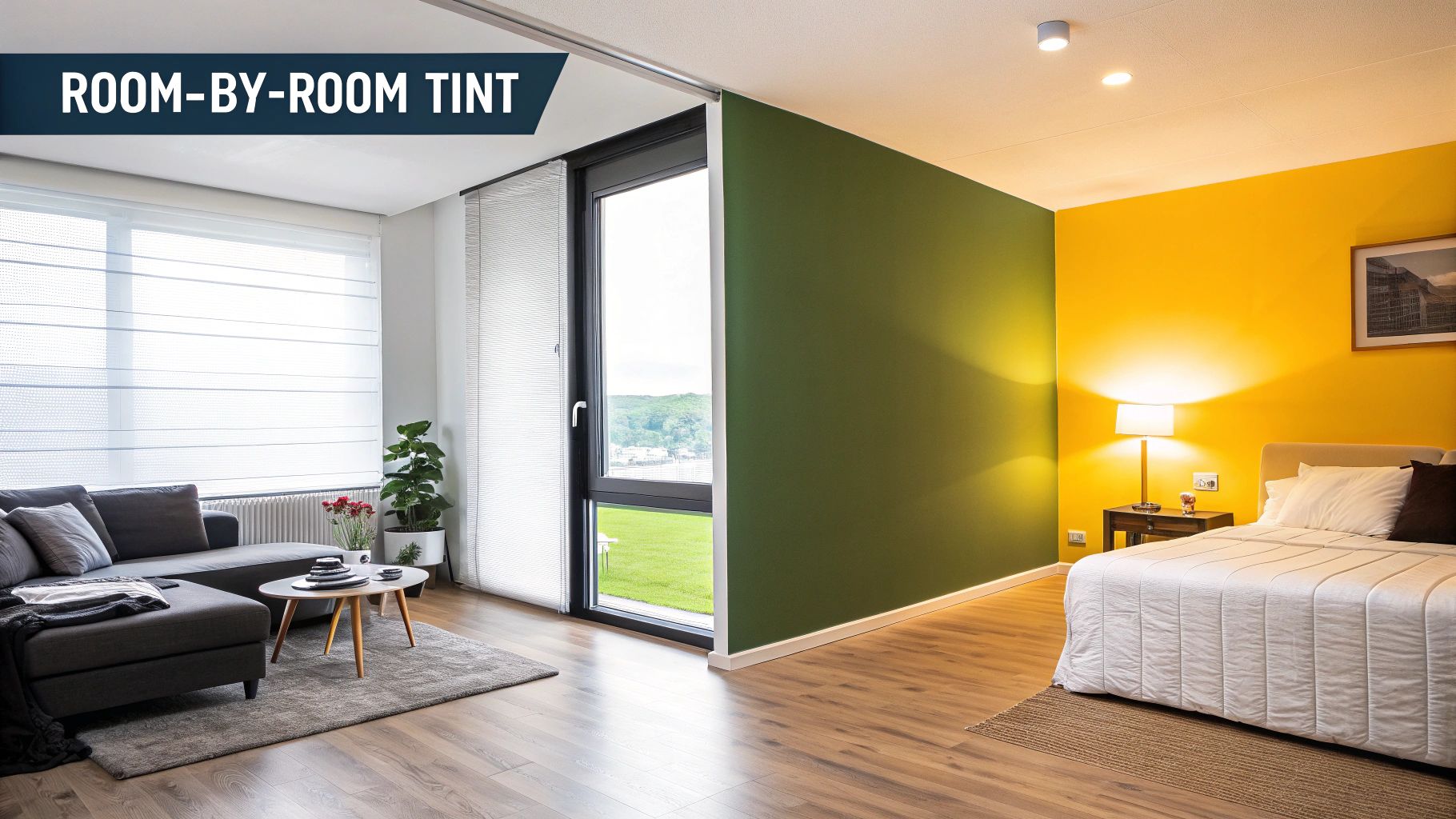 Modern apartment interior with a sliding room divider separating a living area from a bedroom.