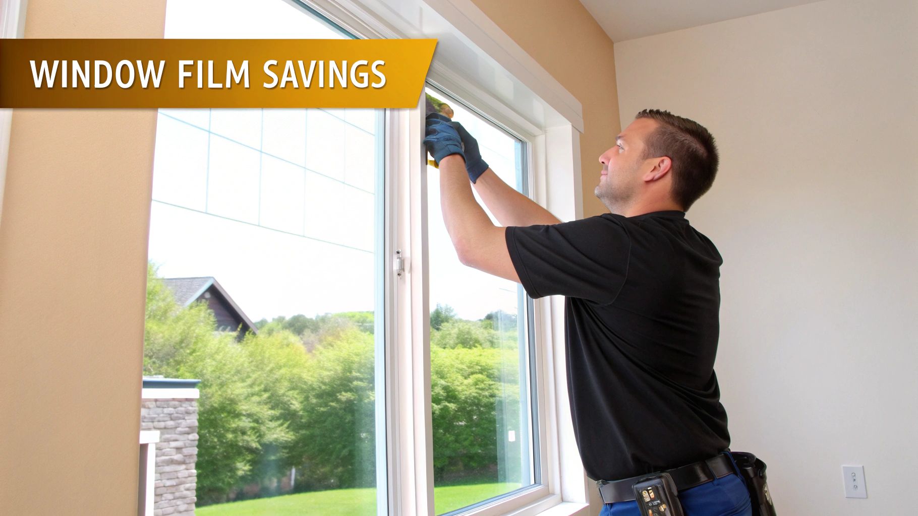 A professional installing window film on a large window, helping to lower summer electric bills.