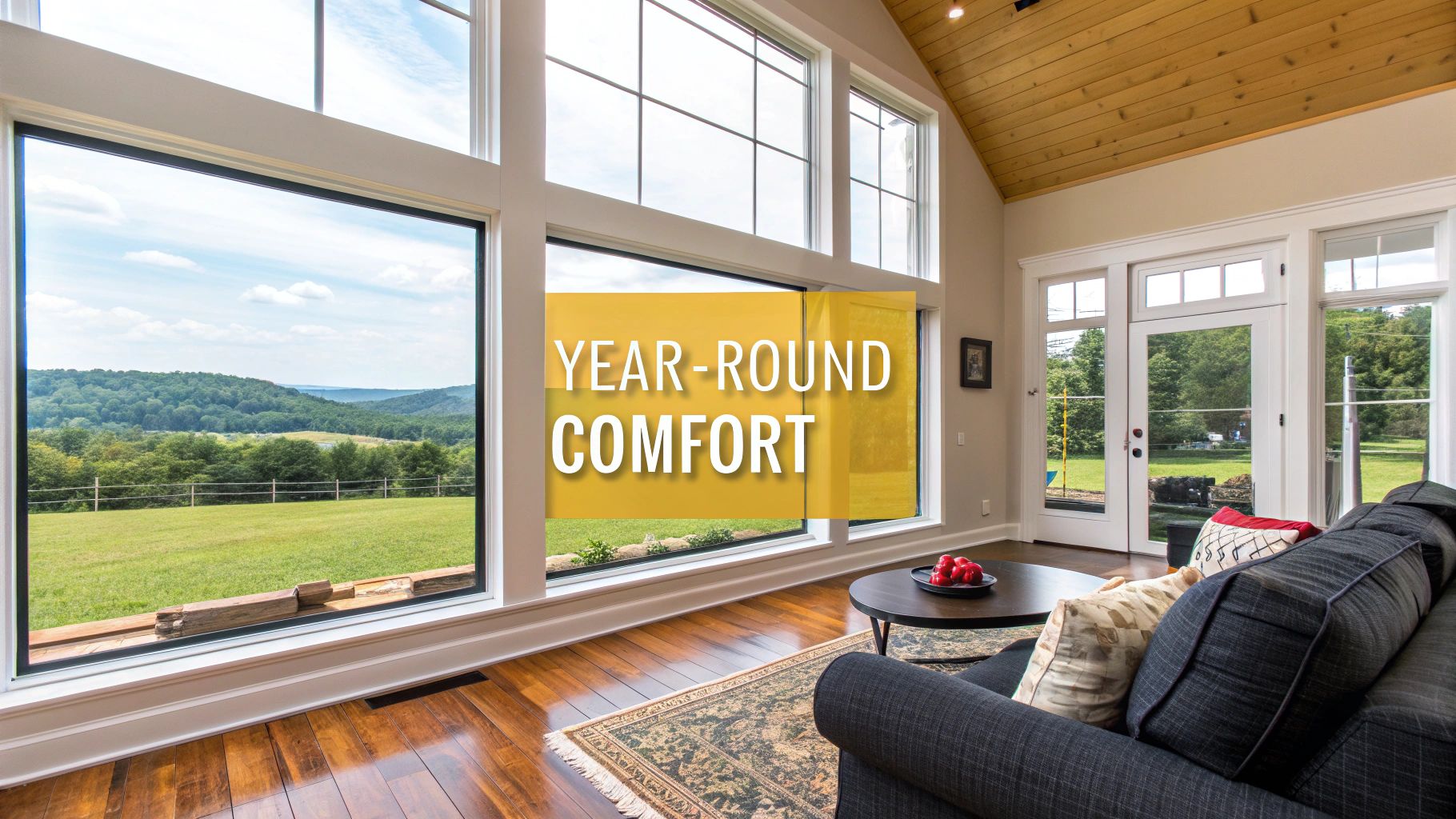 Bright living room with large windows overlooking a scenic green landscape, featuring a 'YEAR-ROUND COMFORT' message.