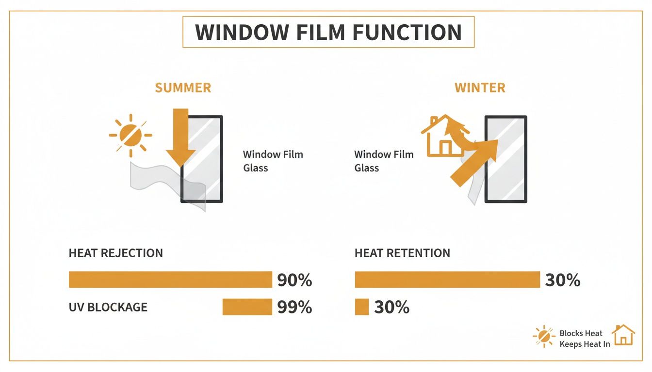 Window film infographic detailing 90% heat rejection and 99% UV blockage in summer, and 30% heat retention in winter.