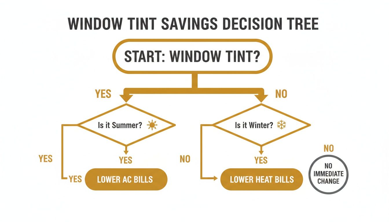 Decision tree flowchart illustrating window tint savings, showing lower AC bills in summer and lower heat bills in winter.