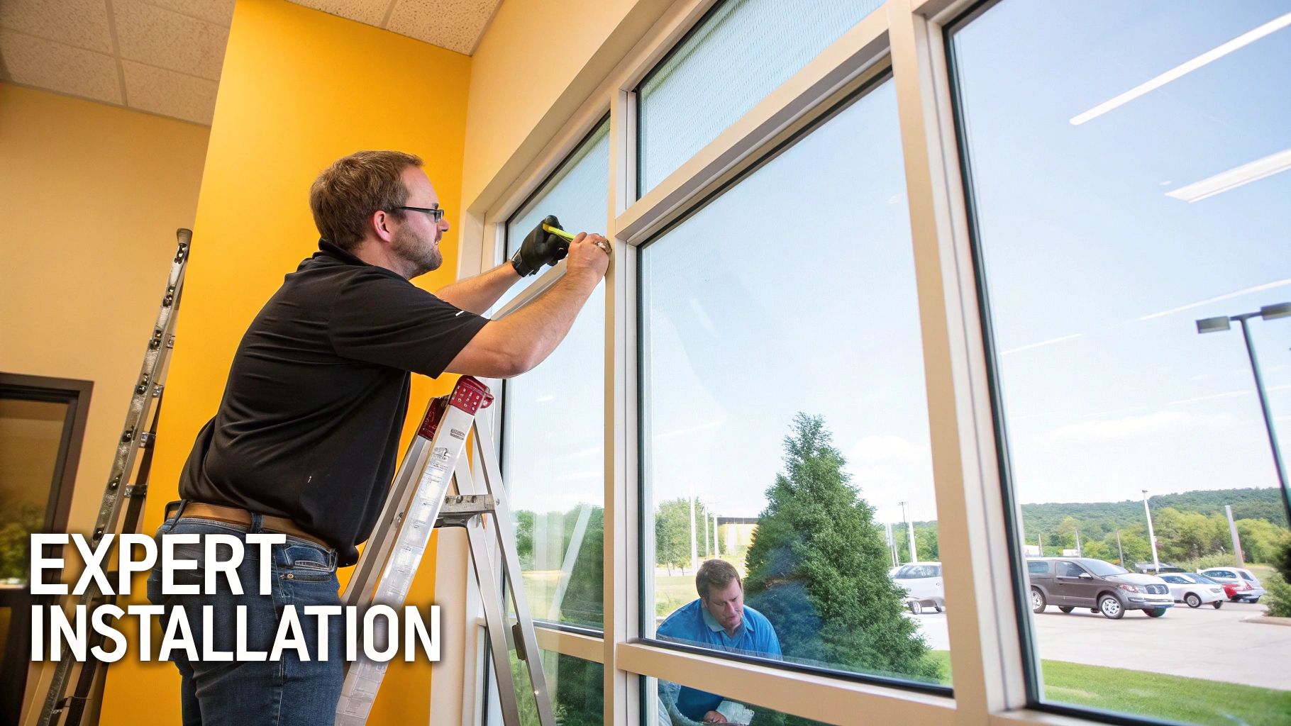 Two men expertly installing window film on large commercial windows, one on a ladder.