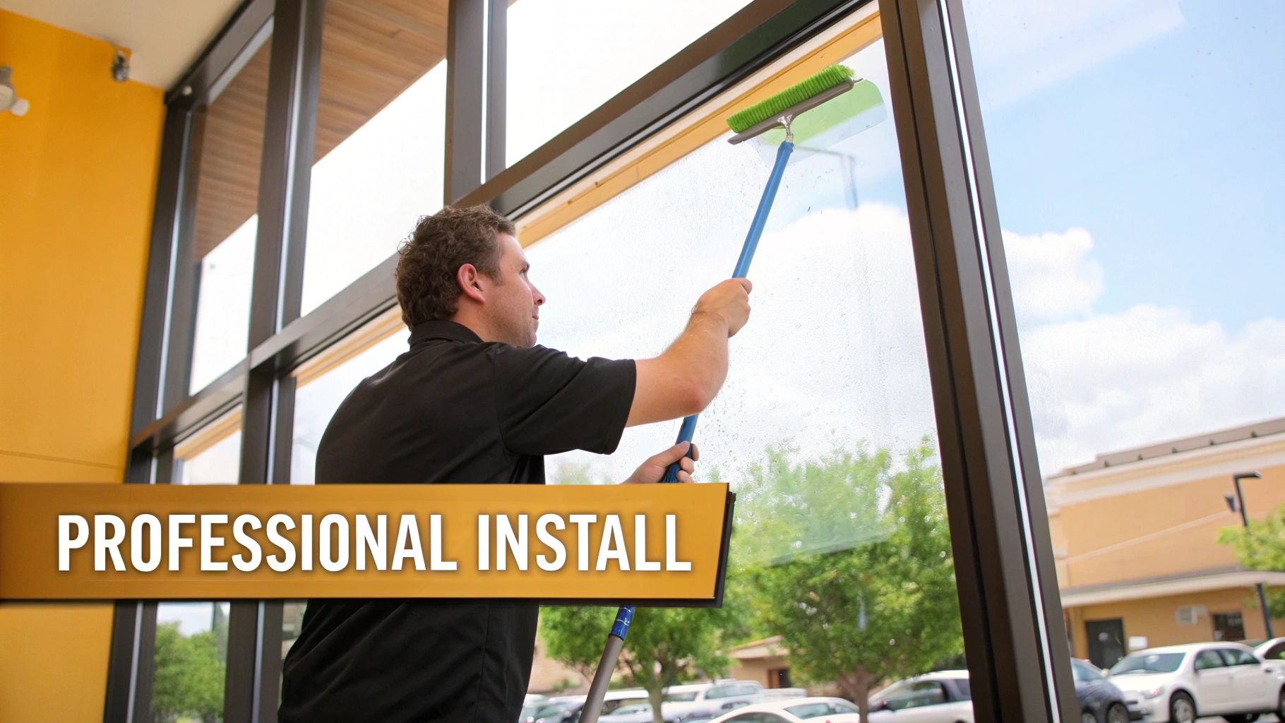 A professional window cleaner using a long-handled brush to clean large commercial windows.