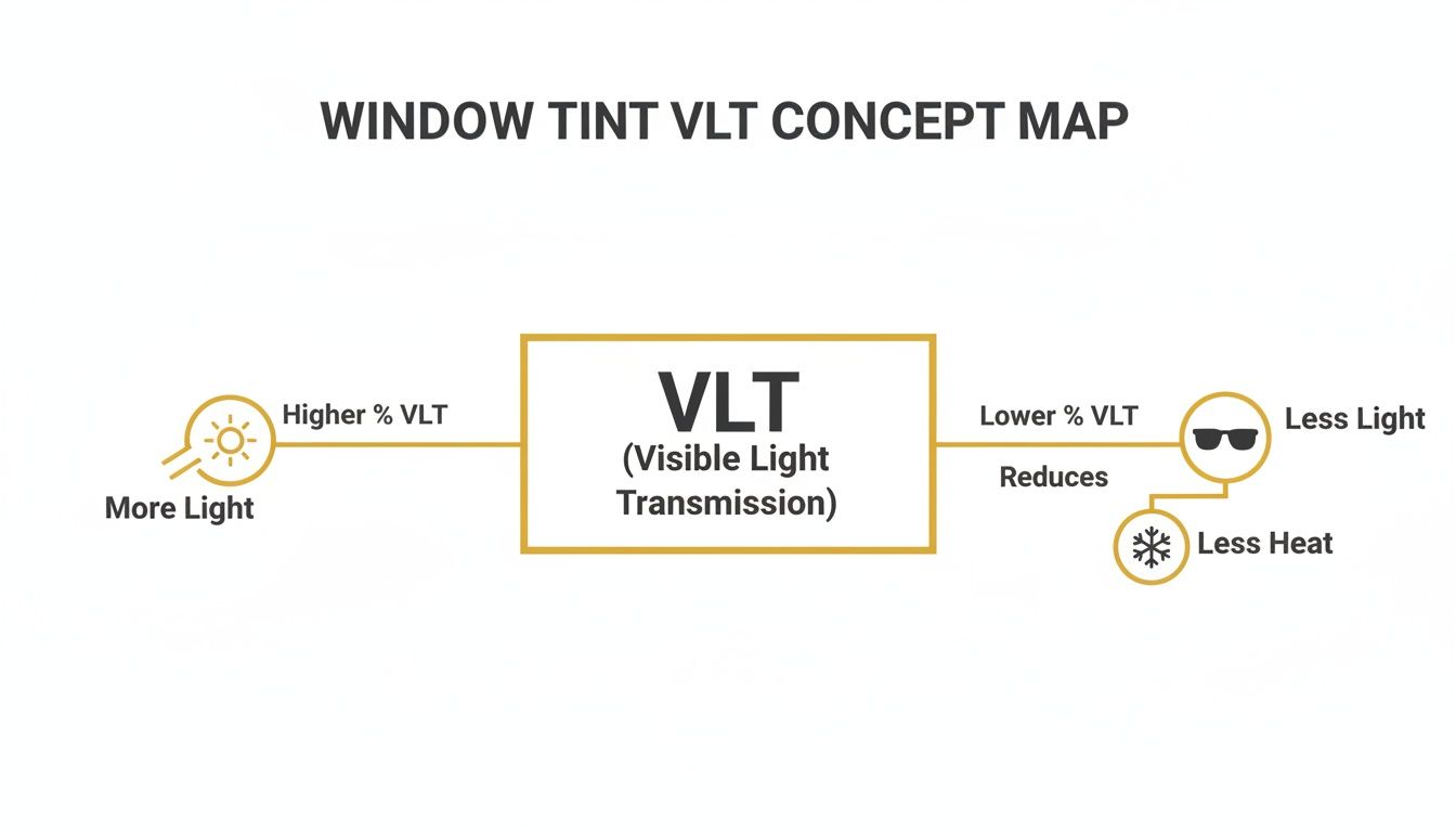 Concept map explaining Visible Light Transmission (VLT) for window tints, showing light and heat effects.