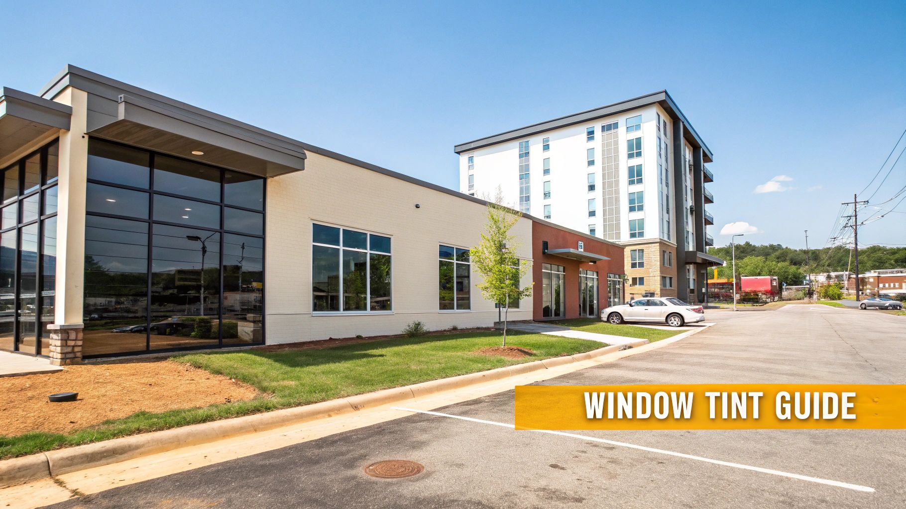 Modern commercial building with large dark-tinted windows, a residential building, and a street with parked cars under a blue sky.