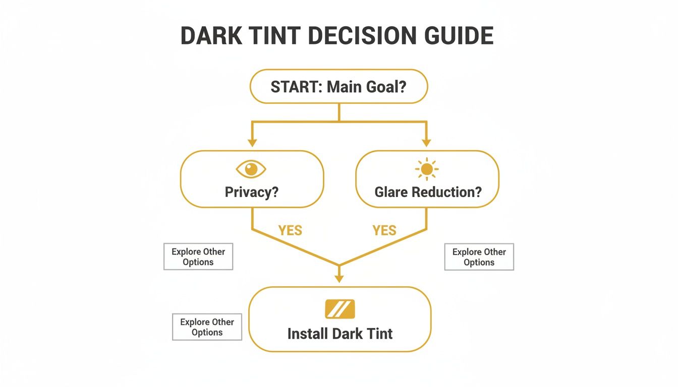 Flowchart titled 'Dark Tint Decision Guide' showing a process for choosing dark window tint.
