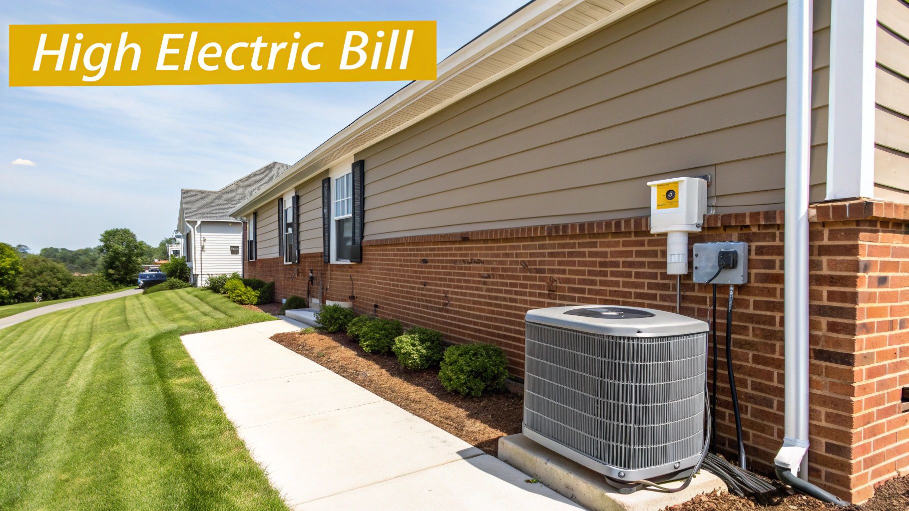 Exterior of a house with an air conditioning unit, electric meter, and a 'High Electric Bill' banner.