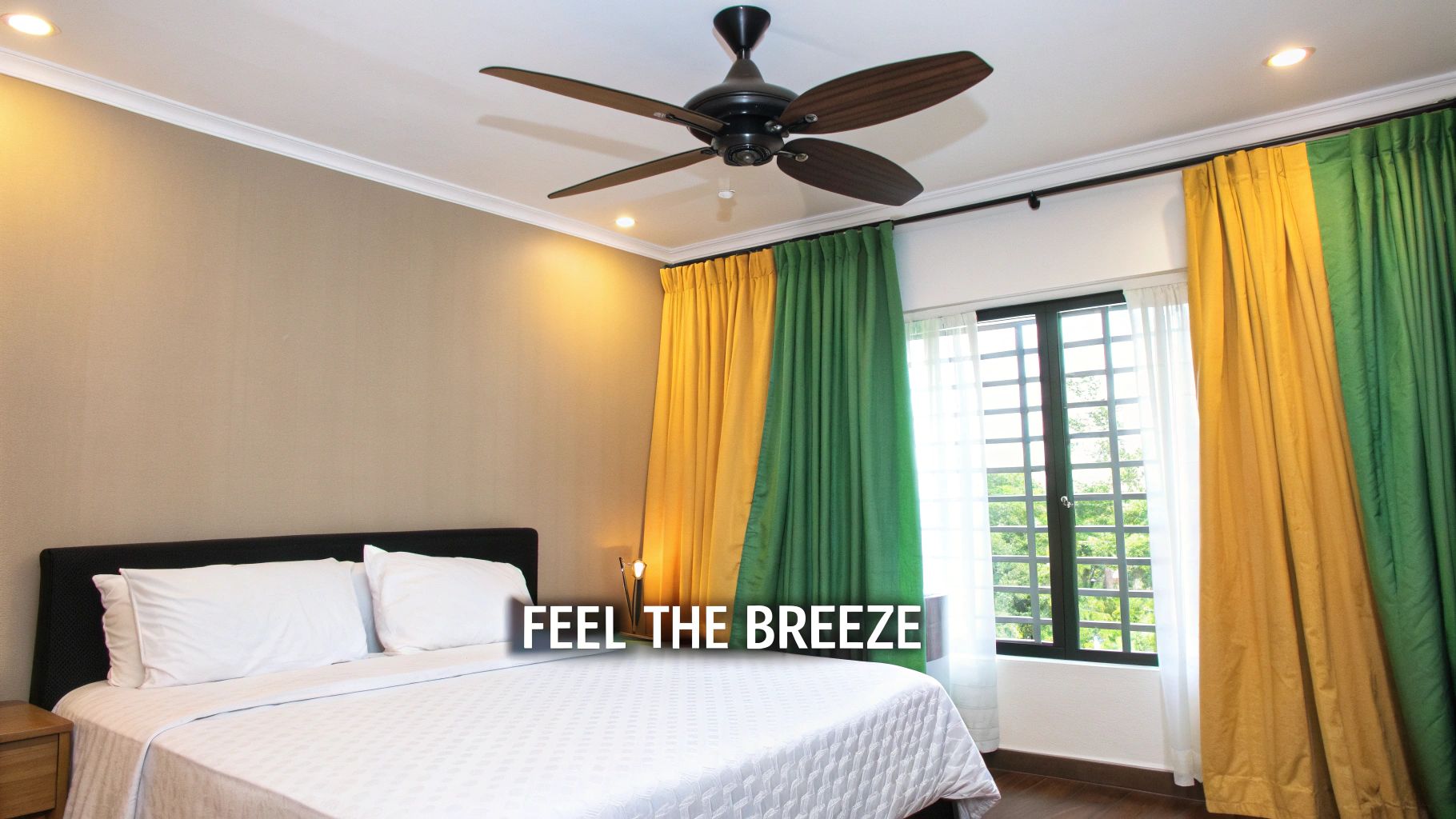 A cozy bedroom featuring a large bed, a ceiling fan, and vibrant yellow and green curtains by a window.