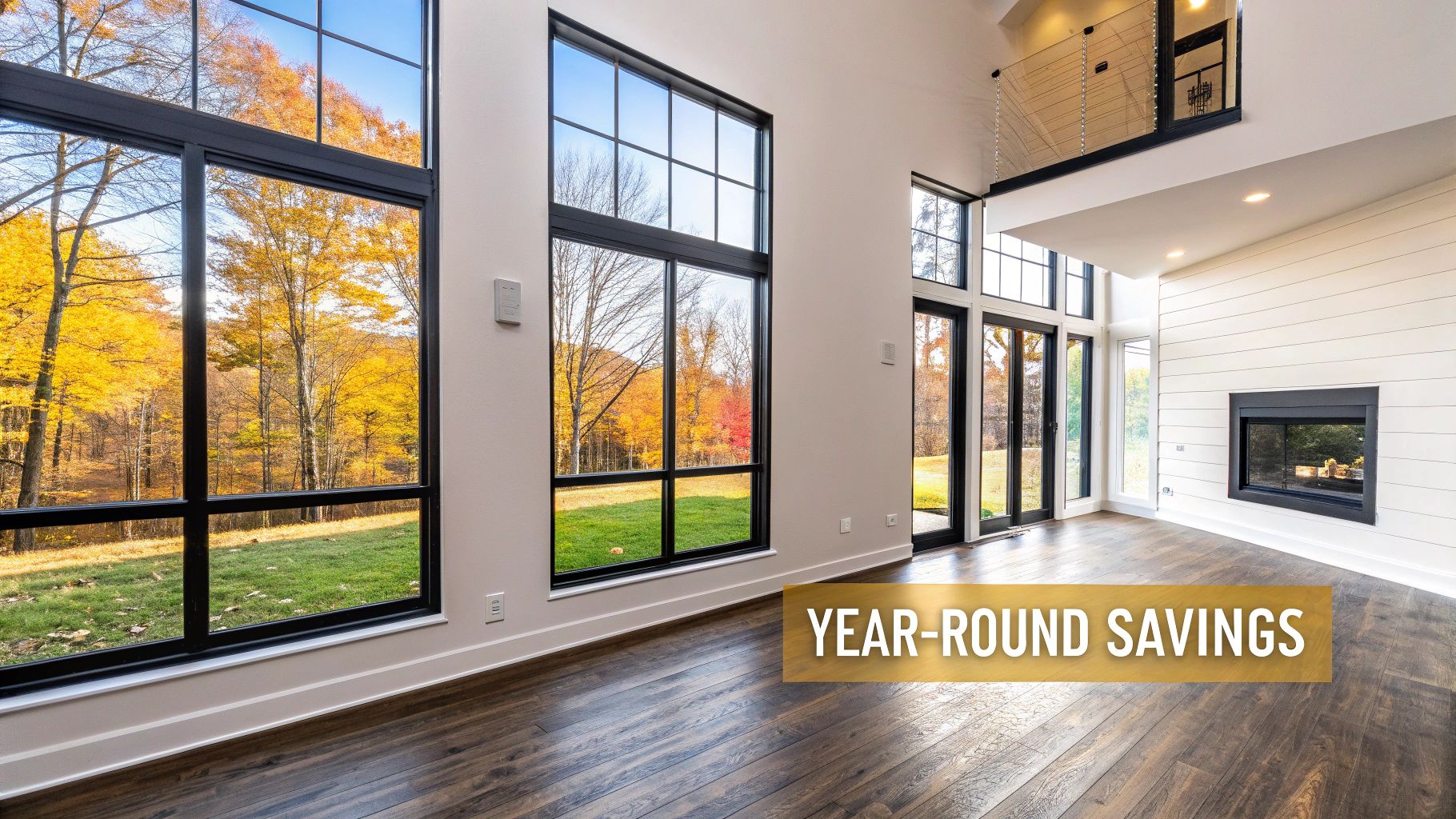 A modern living room with large windows overlooking a vibrant autumn forest and a cozy fireplace.