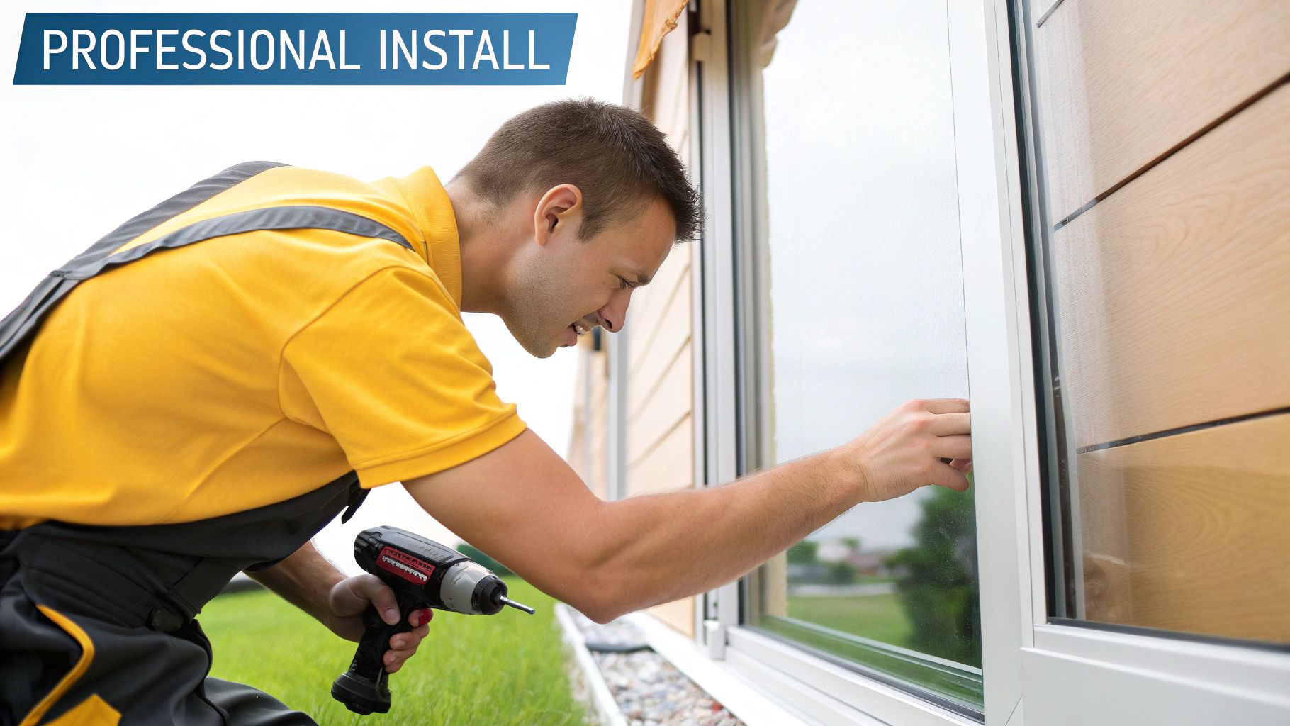A man in work clothes professionally installing a new window on a house with a power drill.