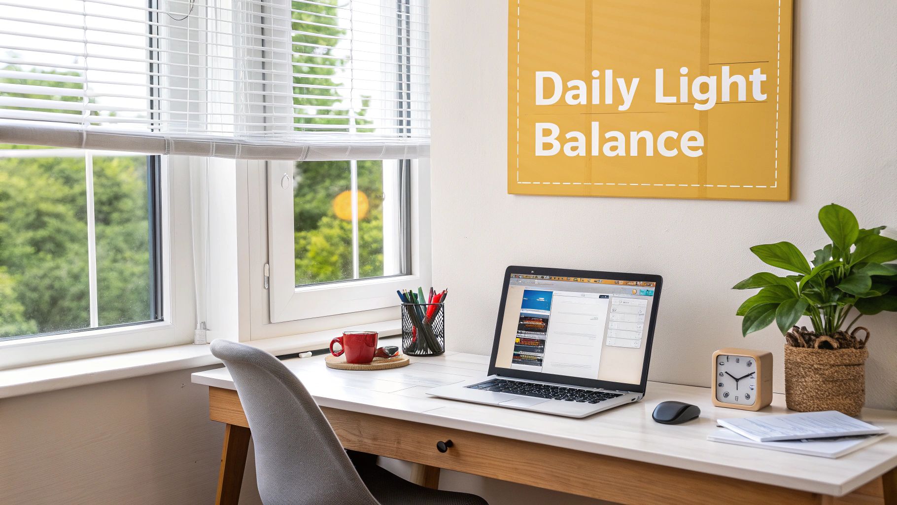 A bright home office workspace with a laptop, green plant, and a 'Daily Light Balance' sign on the wall.