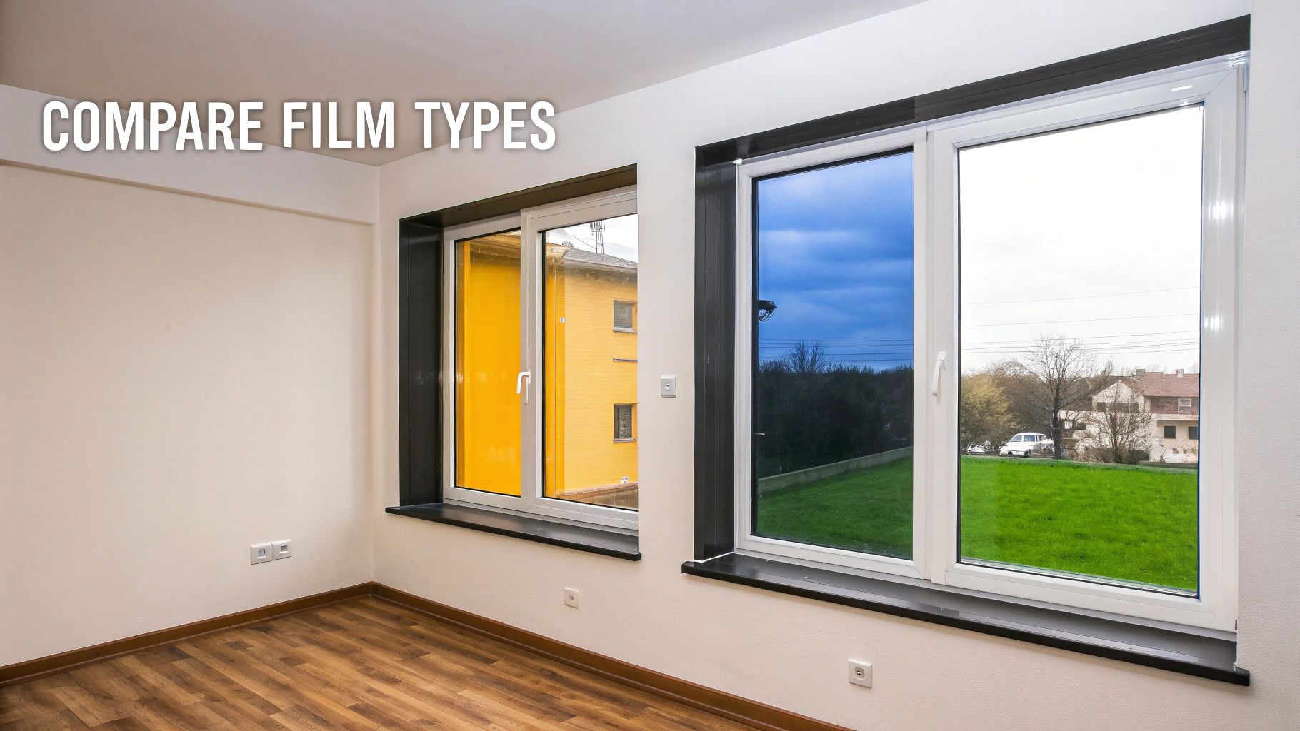 Indoor view of windows showcasing different colored films, including yellow, blue, and clear for comparison.