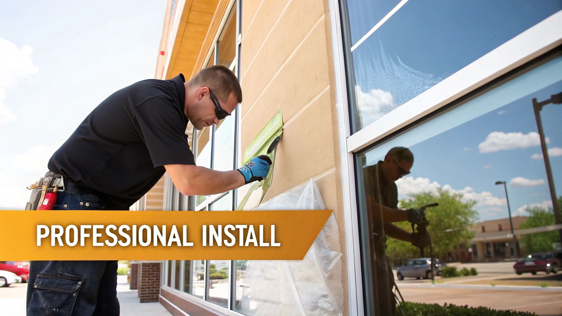 A professional installer applies window film to a commercial building, ensuring a precise and clean finish.