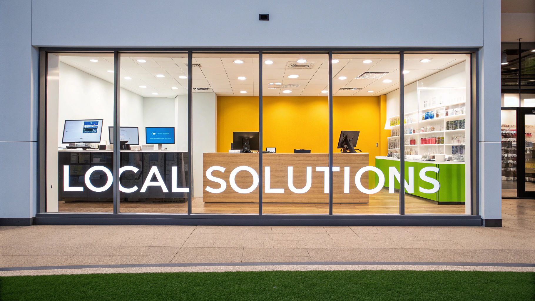 A modern storefront window displaying 'LOCAL SOLUTIONS' branding, with counters and products visible inside.