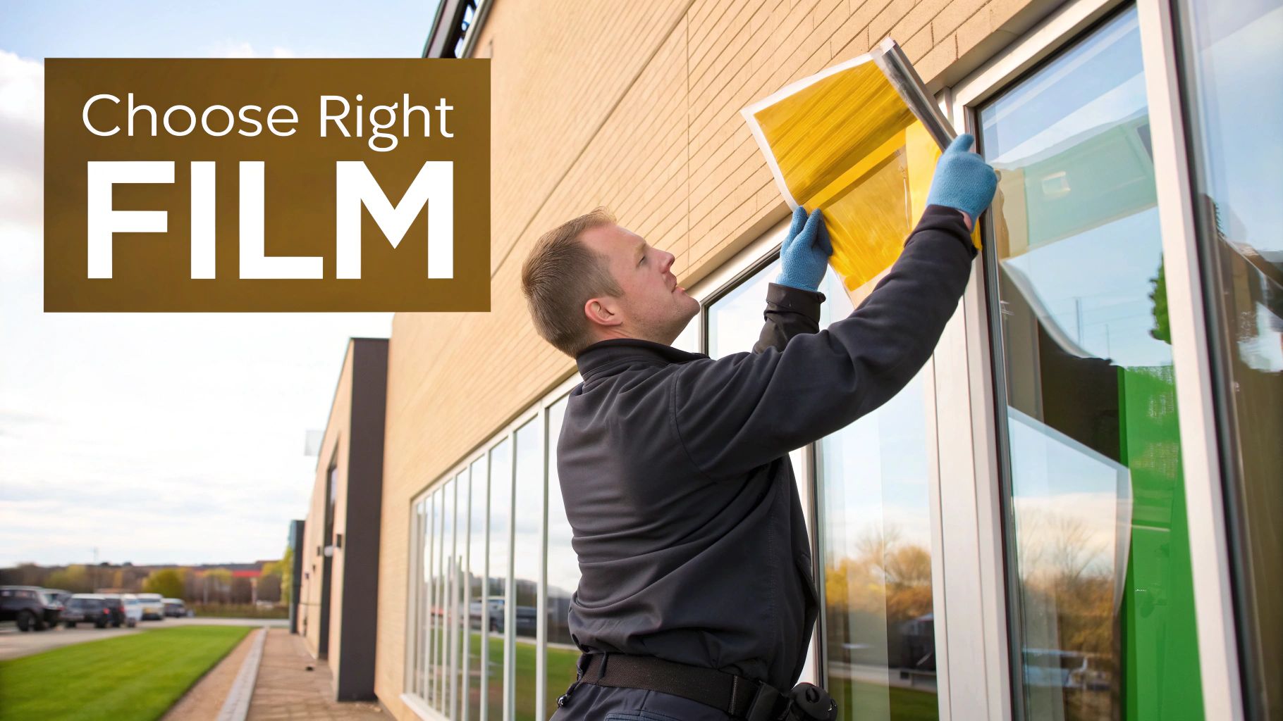 A man in blue gloves applies a yellow film to a window of a modern building, with text 'Choose Right FILM'.
