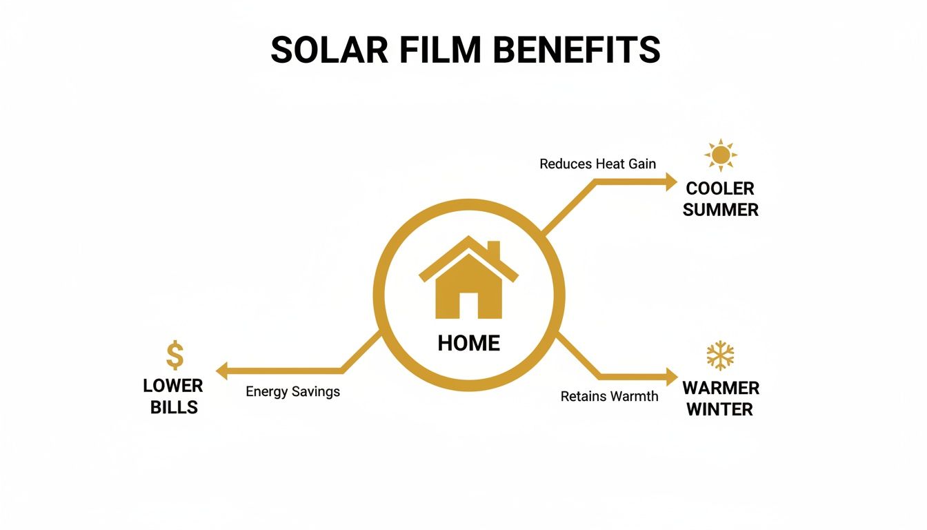 A diagram illustrating solar film benefits for homes, showing cooler summers, warmer winters, and lower energy bills.