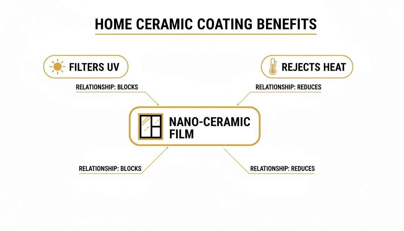 Diagram illustrating home nano-ceramic film benefits, specifically filtering UV rays and rejecting heat.