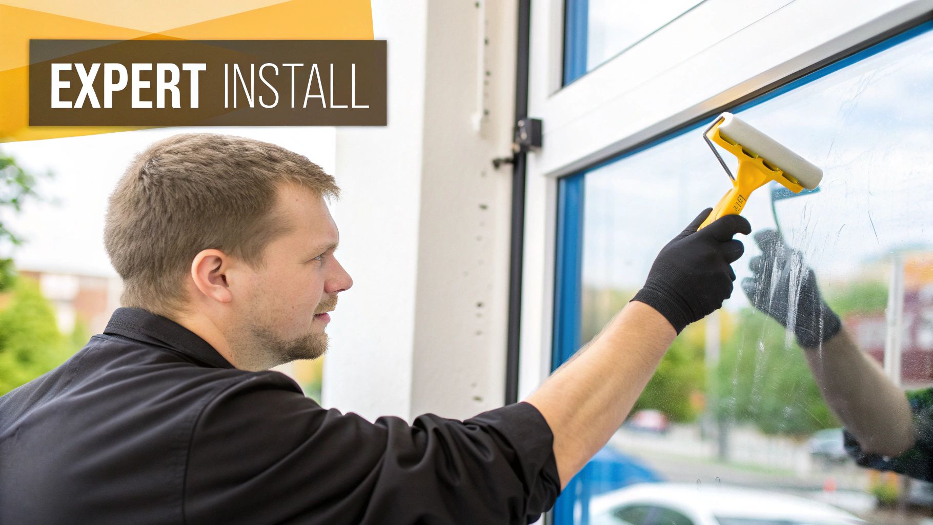 A man expertly installs a roller, wearing black gloves.