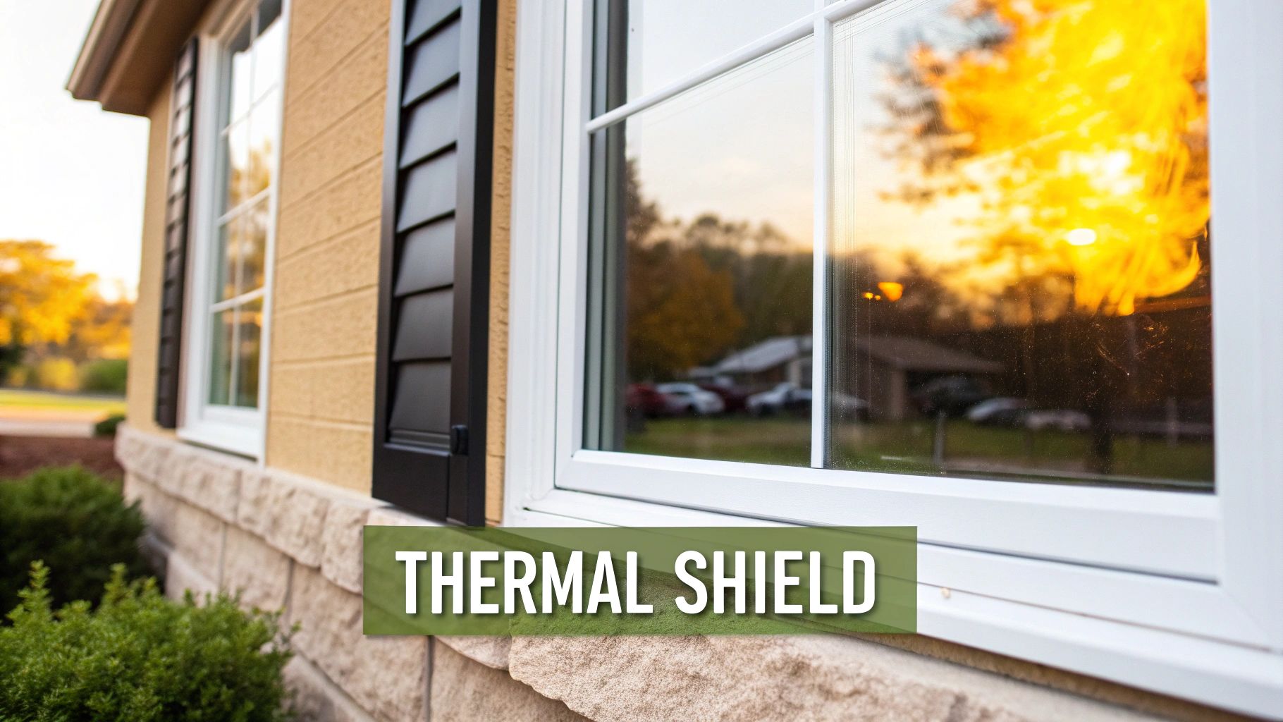Close-up of a house window with a 'THERMAL SHIELD' text overlay, reflecting a vibrant sunset.
