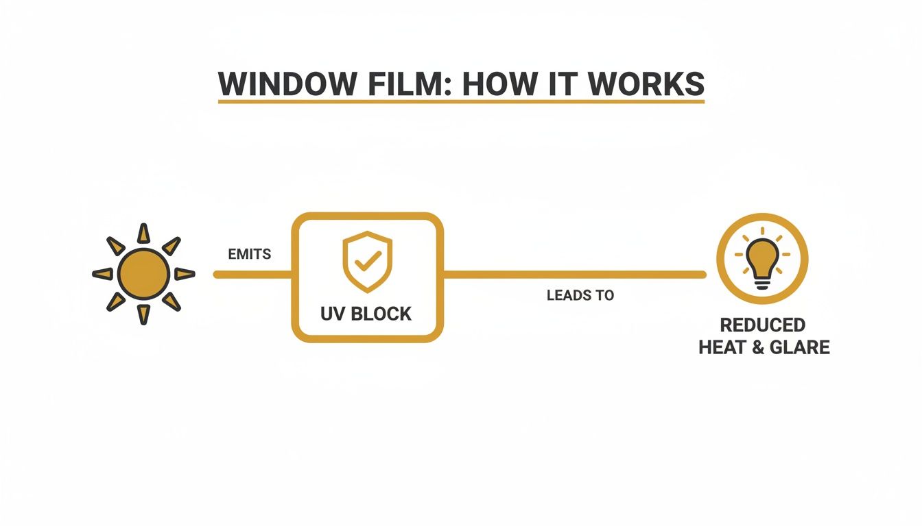 Diagram illustrating how window film blocks UV rays, leading to reduced heat and glare from the sun.