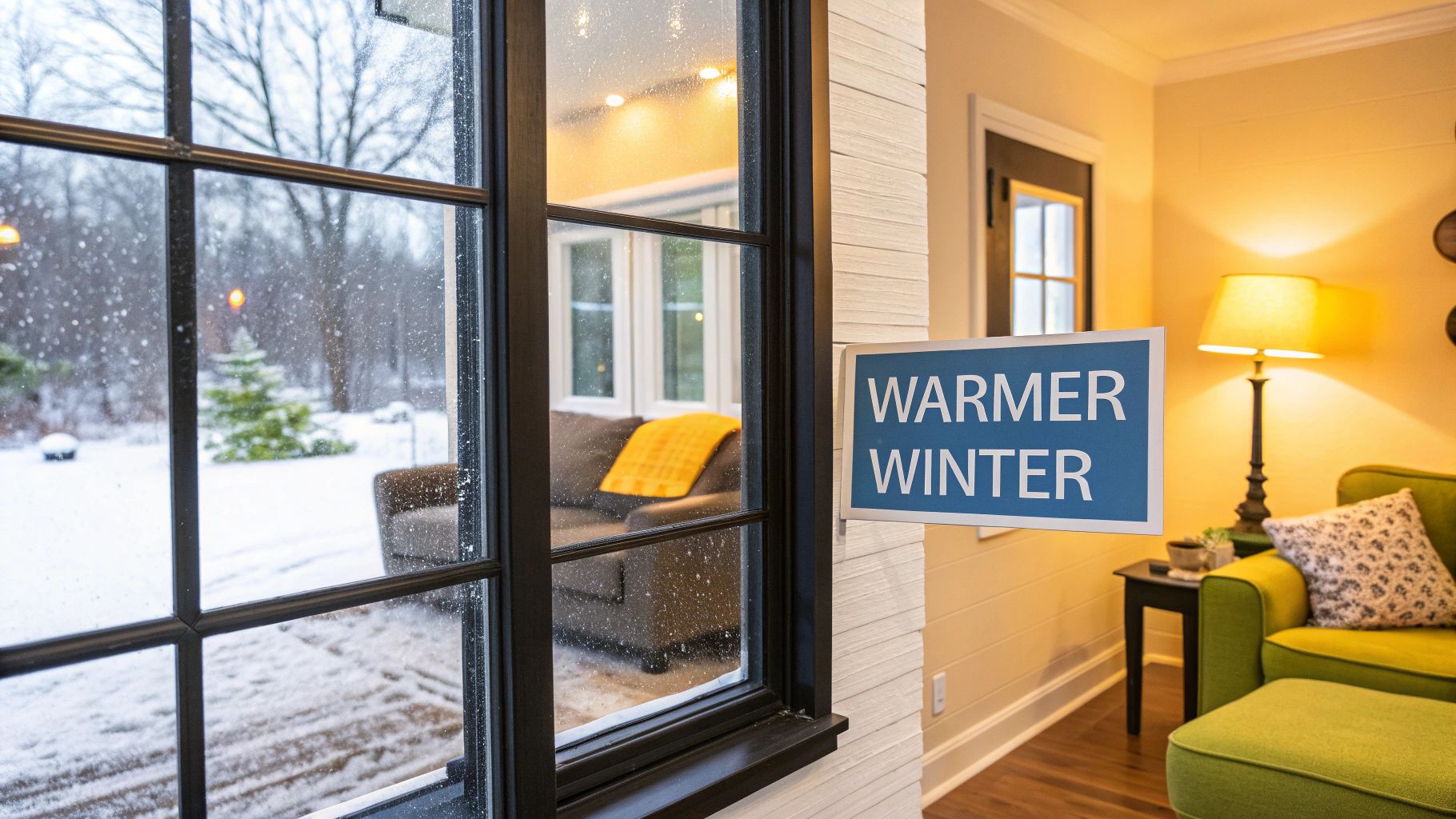 A view through a window showing a snowy winter scene outside and a cozy interior with a 'WARMER WINTER' sign.