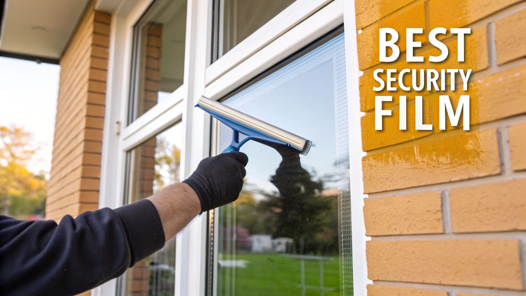 A person in a black glove uses a blue squeegee to clean a window, with text 'BEST SECURITY FILM' on a brick wall.