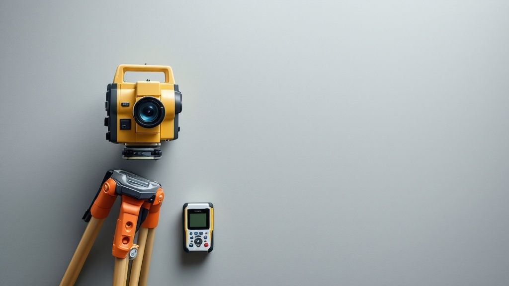 A magnifying glass is held over a property survey map, emphasizing the importance of detail and accuracy in a boundary survey.