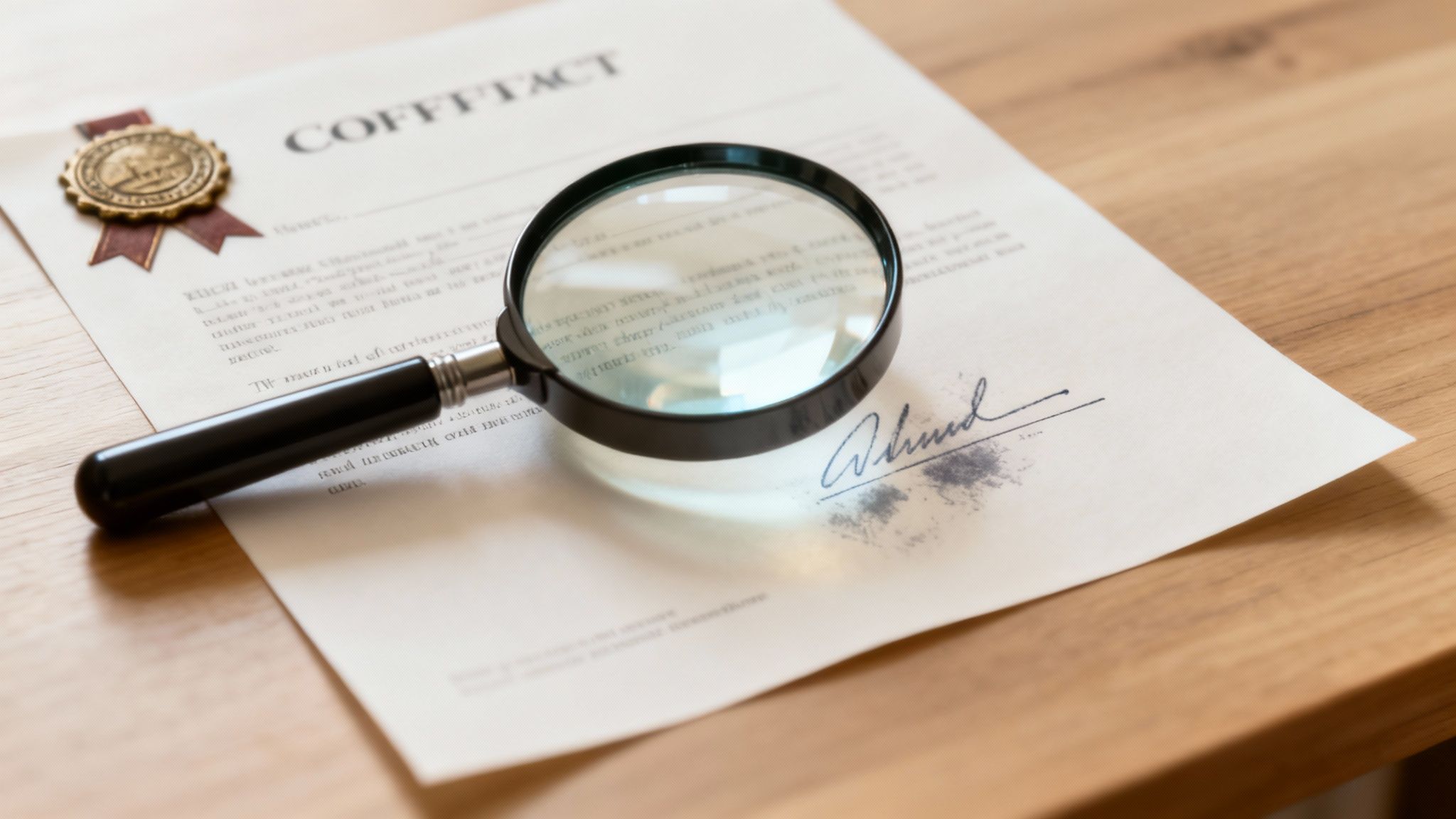 A close-up of a legal document with a pen, representing a property title deed.