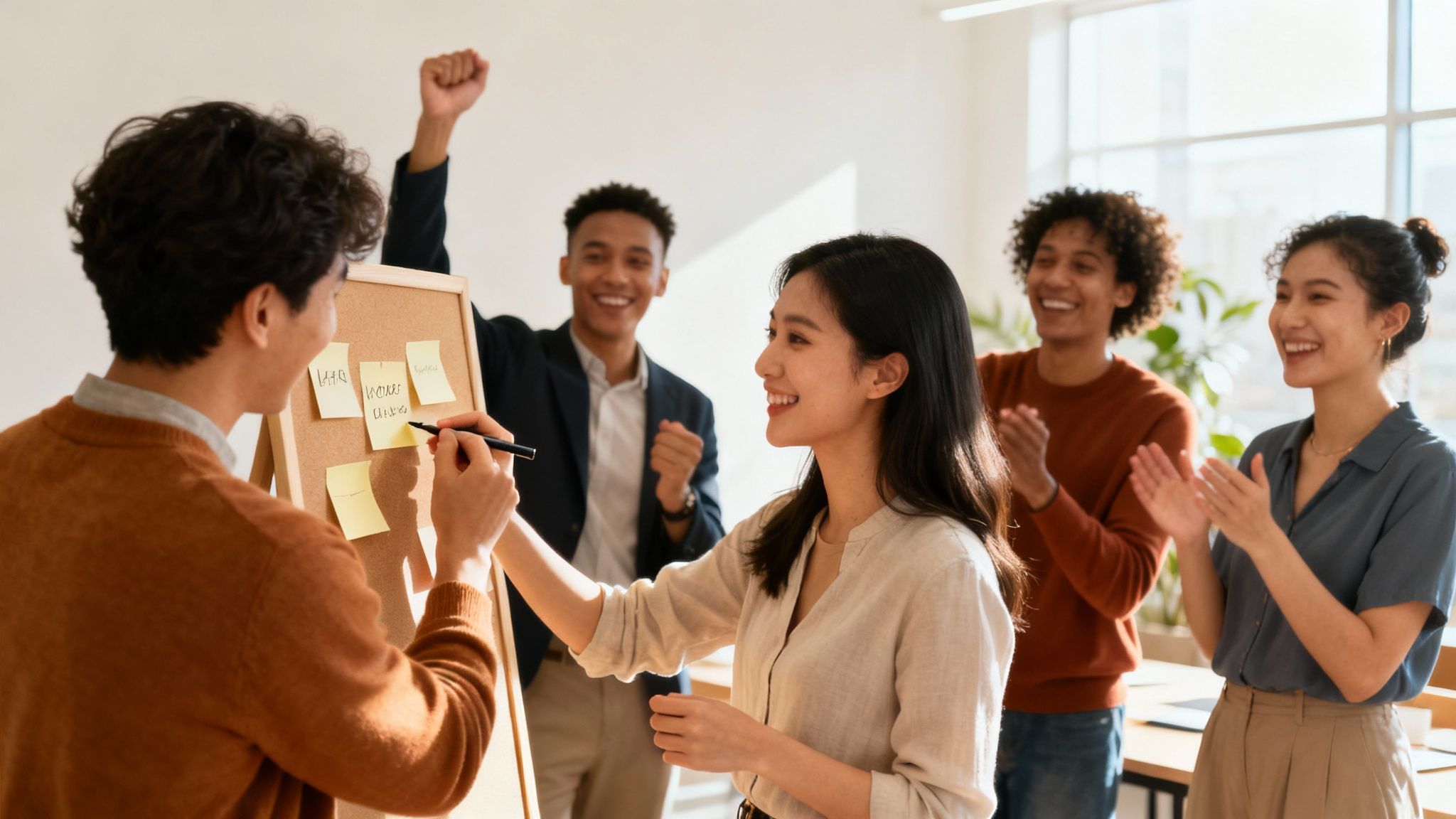A diverse team collaborates happily in a modern office, representing a positive company culture.